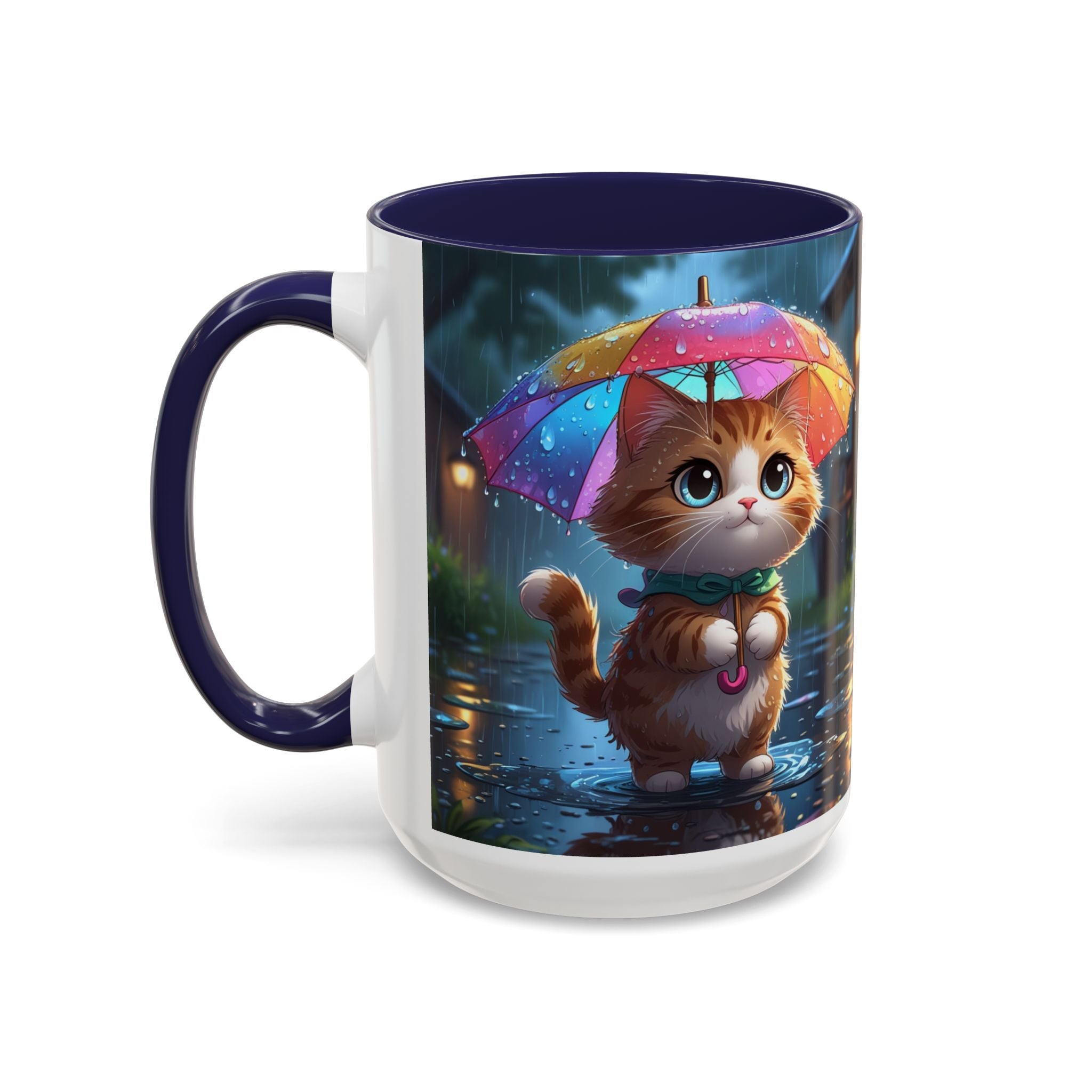 Cute Rainy Day Cat Mug — Kawaii Kitten with Rainbow Umbrella Coffee Cup (11/15oz)