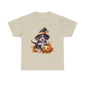 halloween t shirt puppy in witch hat cute gift for her stocking stuffer fall fun item for whole family Unisex Heavy Cotton Tee