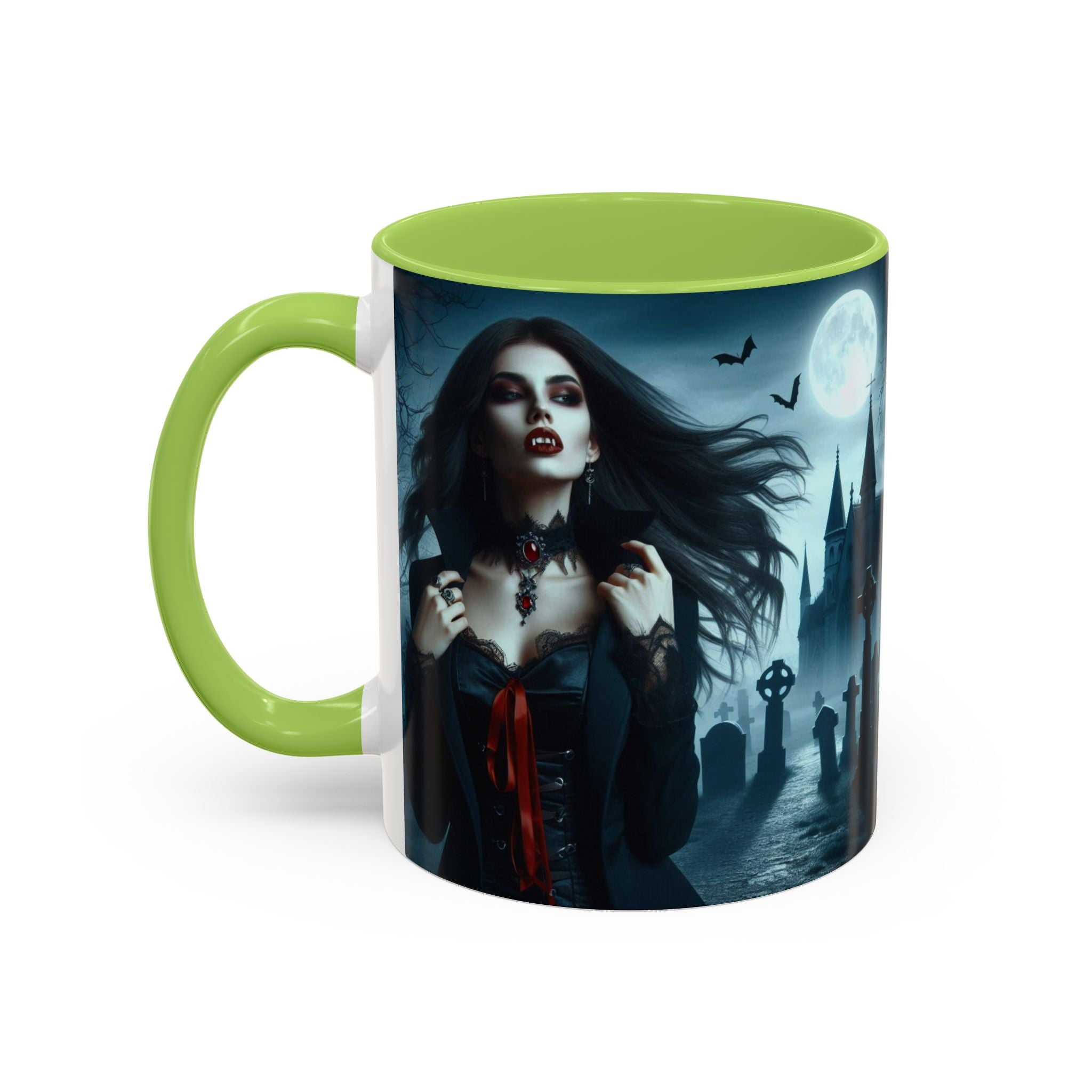 Gothic Vampire Coffee Mug - Spooky Halloween Drinkware in graveyard by castle
