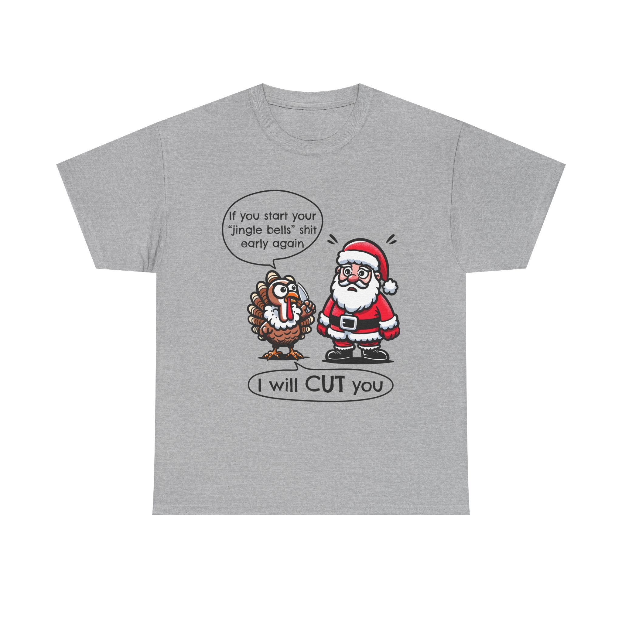 Funny Holiday Tee: 'I Will CUT You' Santa & Turkey Design, Christmas Gift, Unisex Cotton Shirt, Thanksgiving Humor, Festive Apparel
