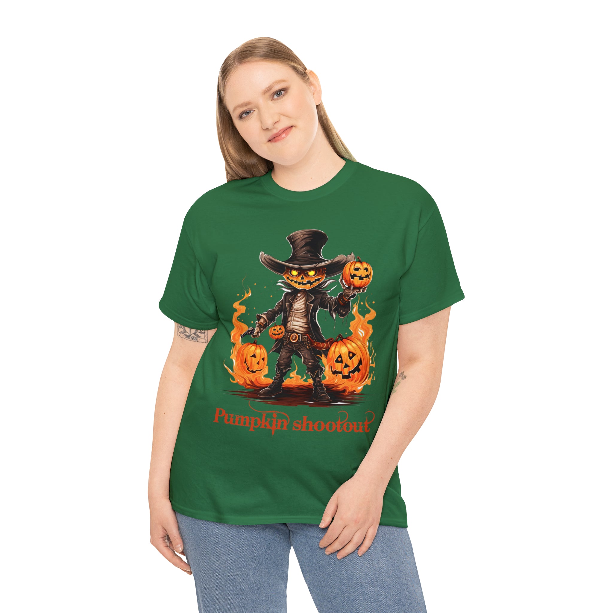 Halloween t shirt pumpkin western style shootout funny fall fun scary stocking stuffer for whole family  cotton tee
