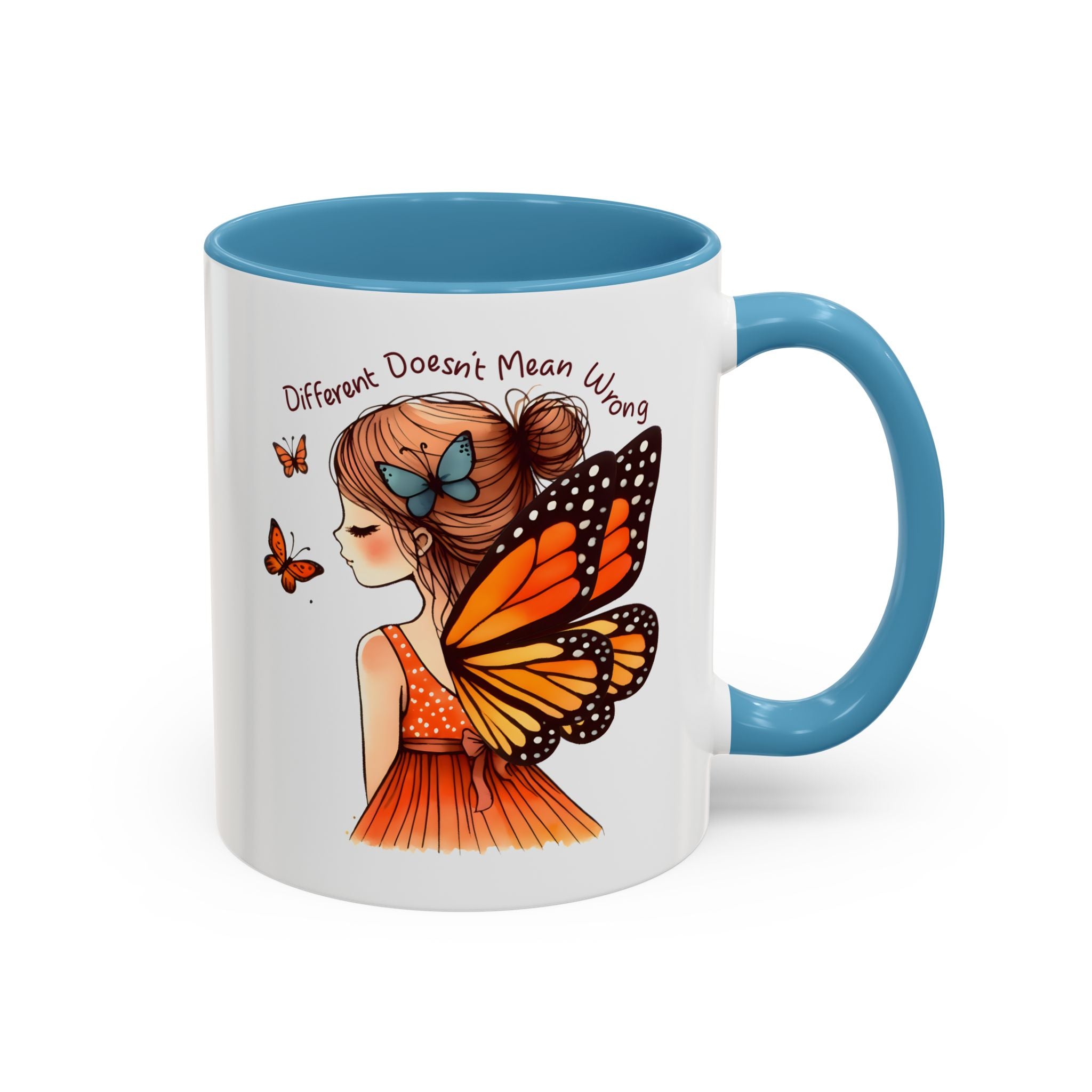 Butterfly Girl Accent Coffee Mug – "Different Doesn't Mean Wrong" Inspirational Tea Mug