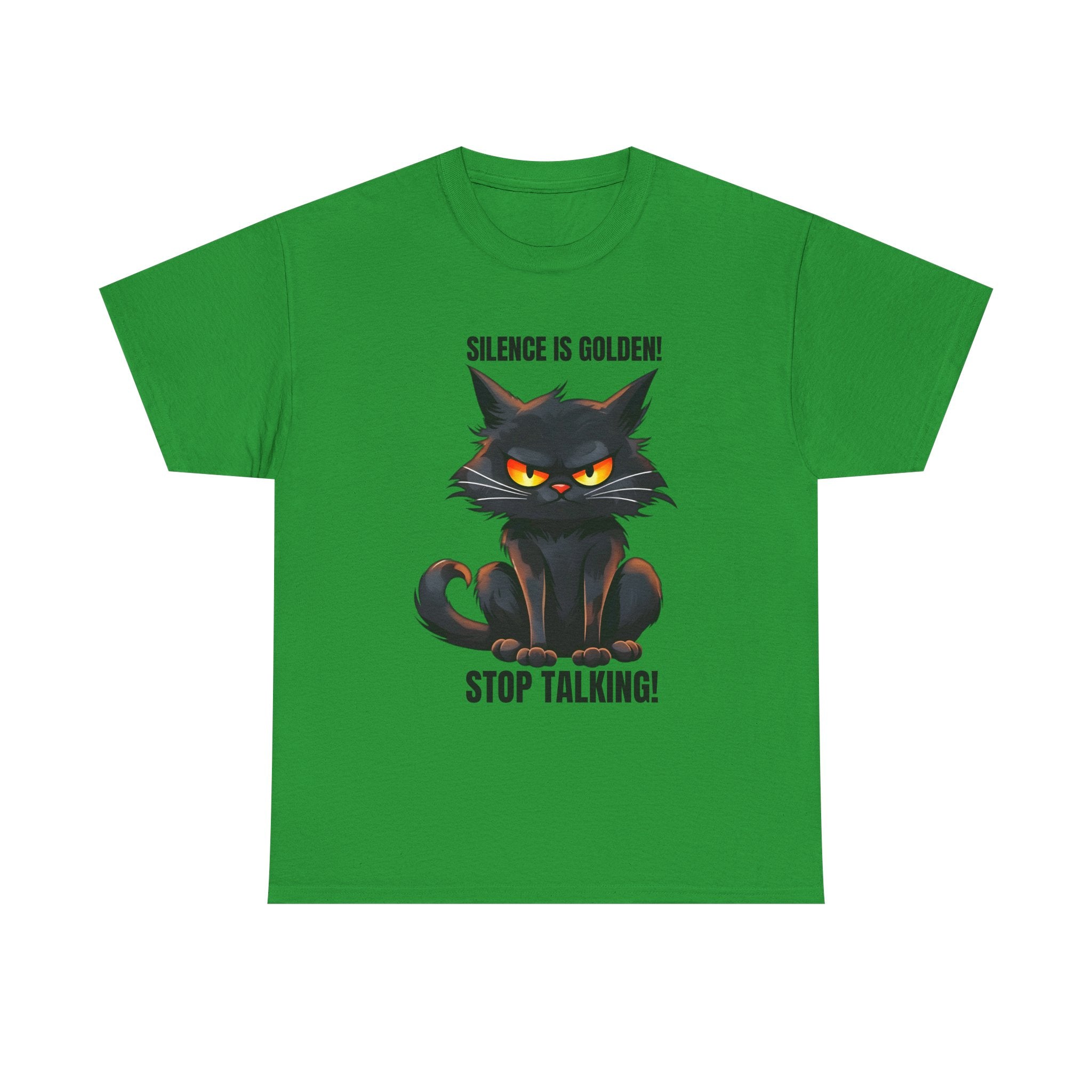 sarcasm Funny Cat Tee - "Silence is Golden! Stop Talking!" - Cute Cat Graphic T-Shirt, Gift for Cat Lovers,  Humor Shirt, Pet Owner Apparel
