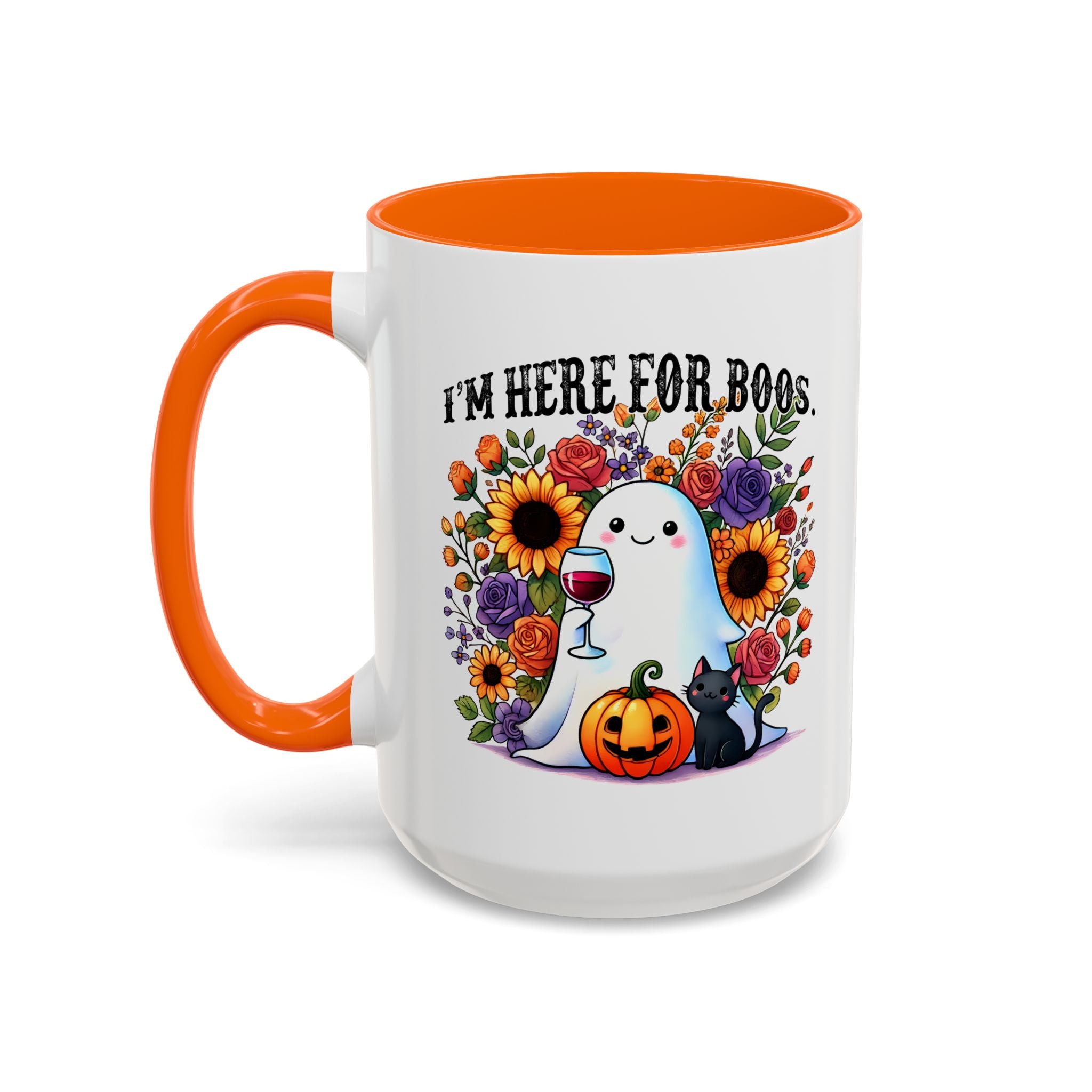 Spooky Floral Coffee Mug - I'm Here for Boos, Halloween Gift, Autumn Decor, Cute Ghost Mug, Cat Lover Drinkware