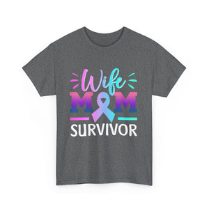 Wife Mom Survivor Tee, Unisex Heavy Cotton Tee, Cancer Awareness Shirt, Gift for Survivors, Inspirational Mom Shirt