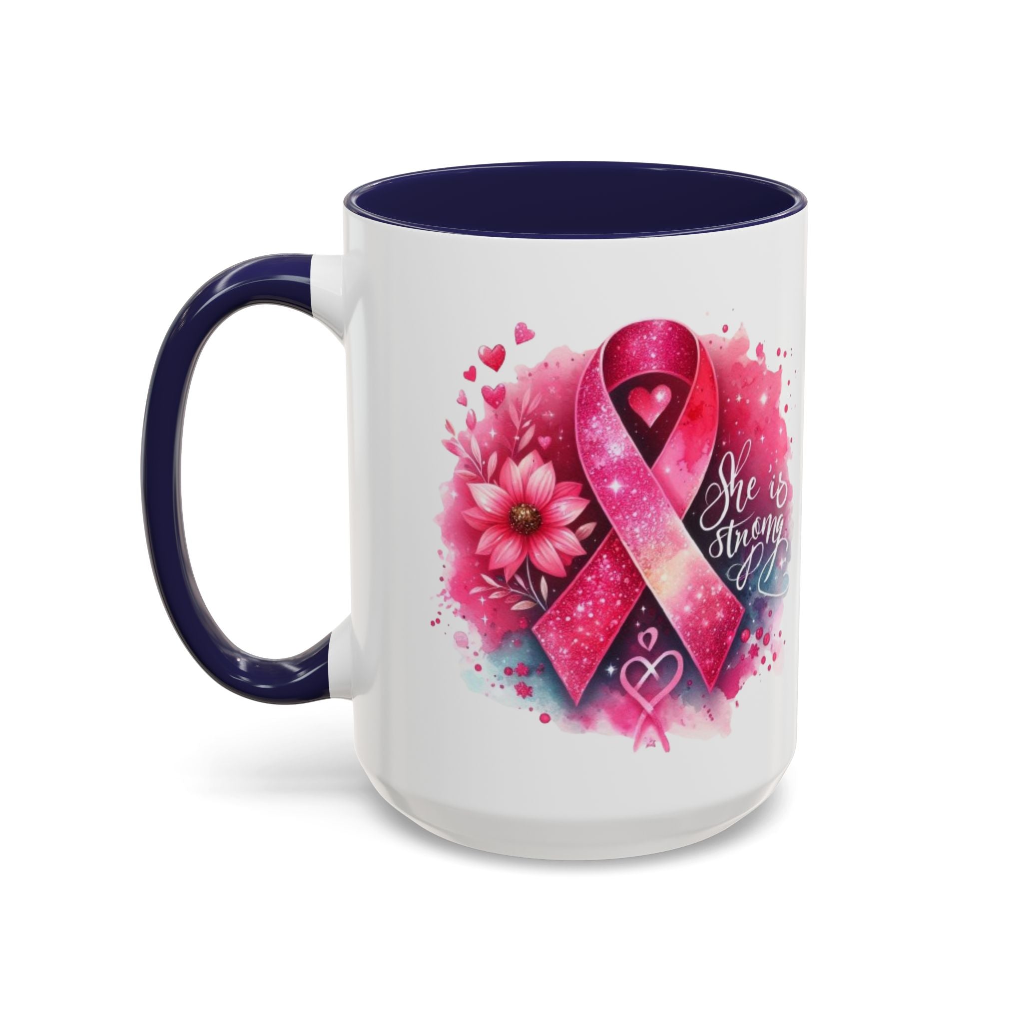 Breast Cancer Awareness Coffee Mug - Inspirational Gift, Motivational Drinkware, Supportive Cup, Pink Ribbon Design, She Is Strong