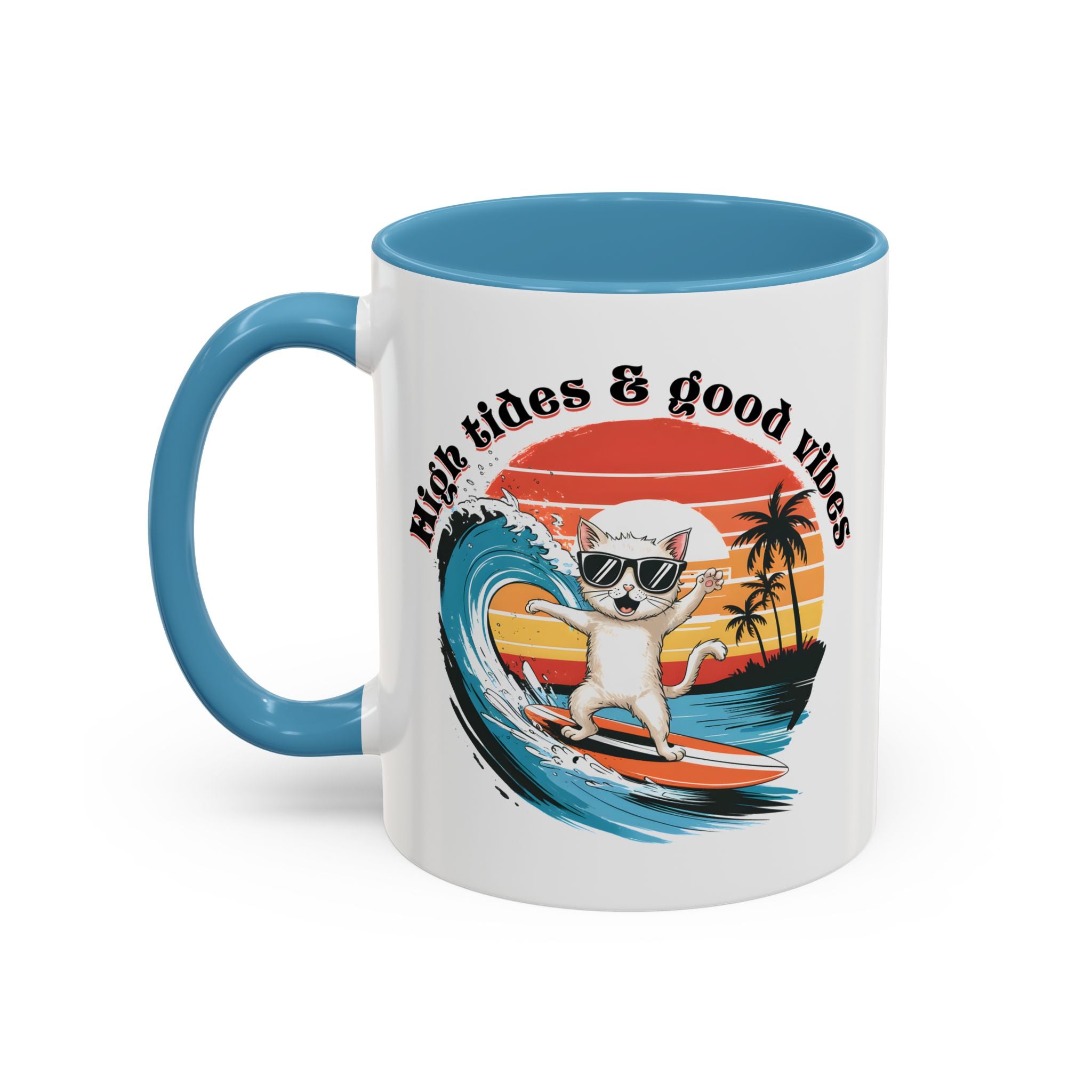 Surfing Cat Coffee Mug - High Tides & Good Vibes - Beach Lover Gift animal lover funny