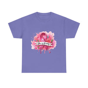 Unisex Heavy Cotton Tee - "She is Strong" Breast Cancer Awareness Shirt, Inspirational Tee, Gift for Her, Supportive Apparel, [...]