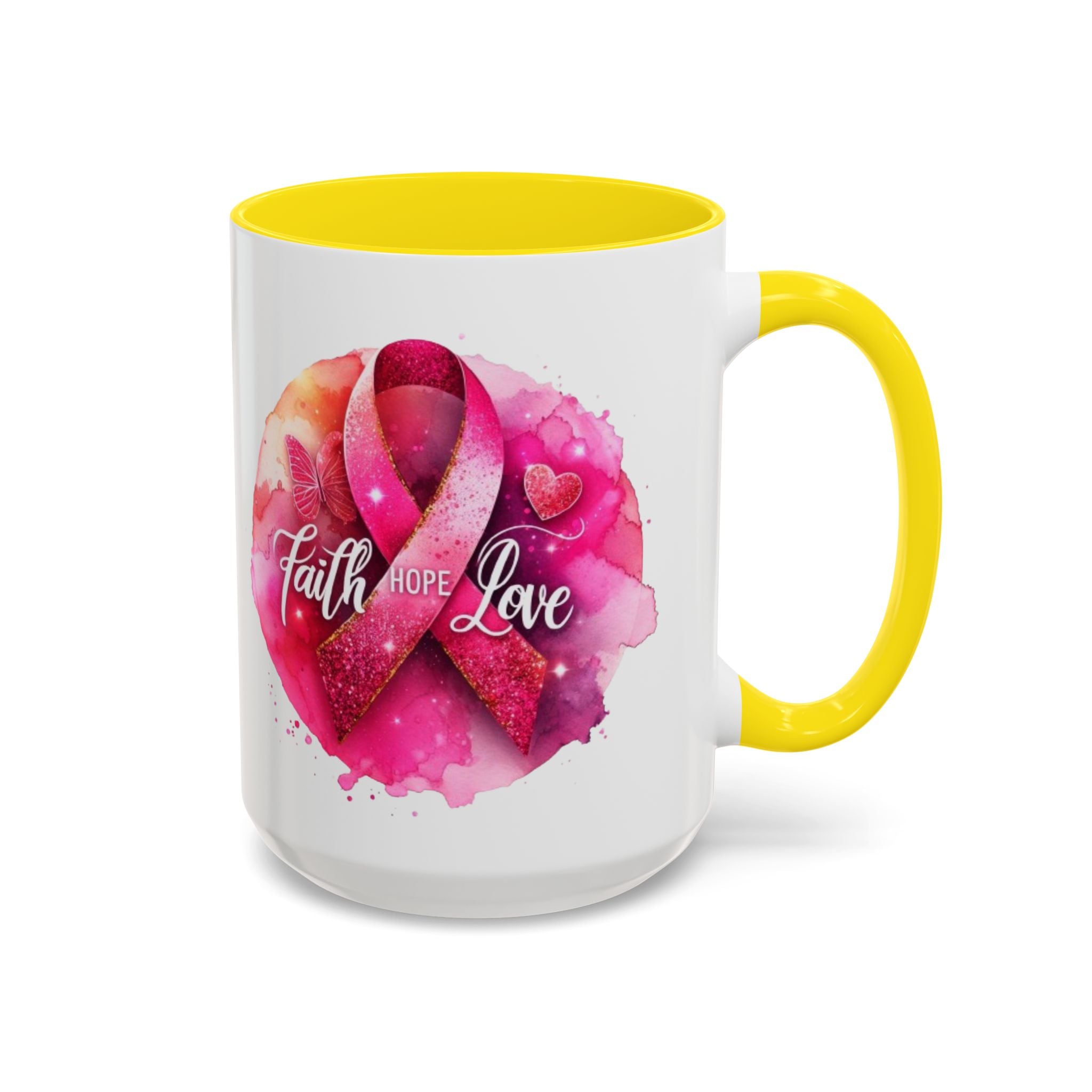 Inspirational Accent Coffee Mug with Pink Ribbon Design, Faith Hope Love Gift, Cancer Awareness Mug, Supportive Drinkware, Meaningful [...]