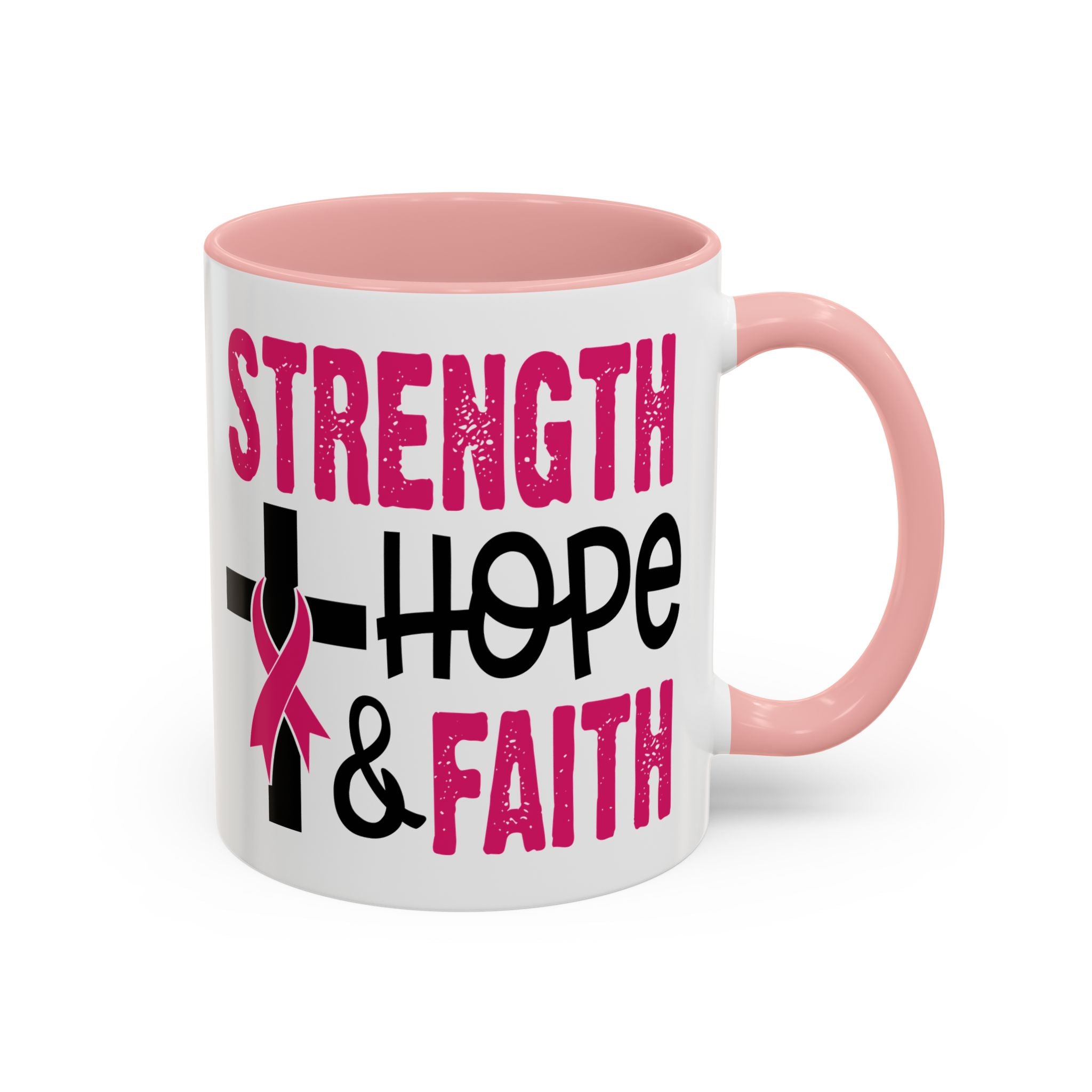 Inspirational Coffee Mug - Strength, Hope, Faith, Pink Ribbon, Christian Gifts, Motivational Drinkware, Breast Cancer Awareness