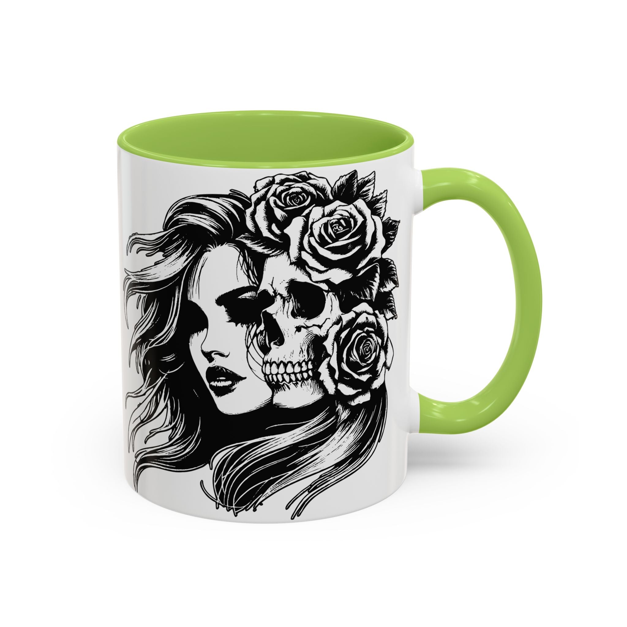 Skull & Rose Accent Coffee Mug — Gothic Half-Skull Woman 11/15oz