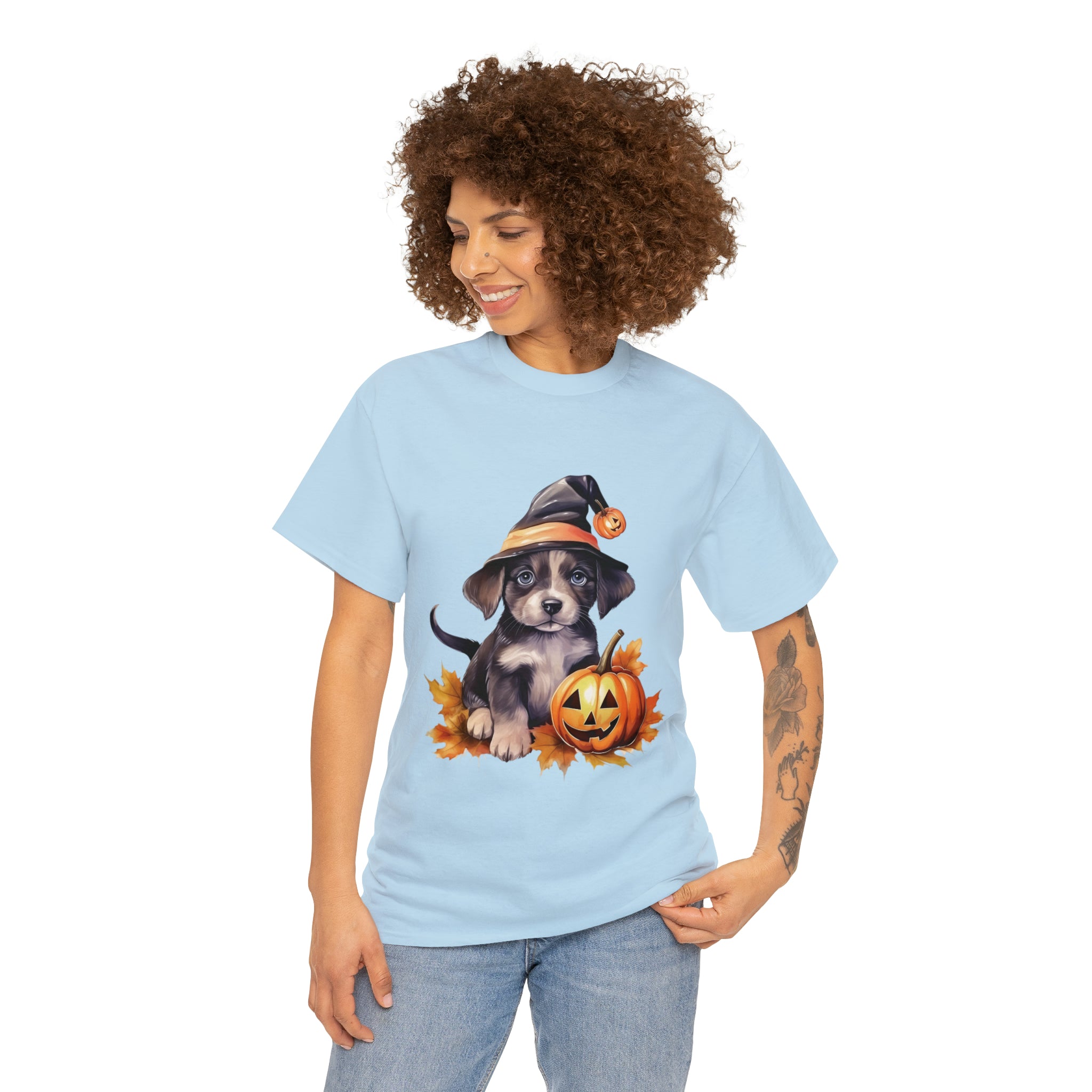 halloween t shirt puppy in witch hat cute gift for her stocking stuffer fall fun item for whole family Unisex Heavy Cotton Tee