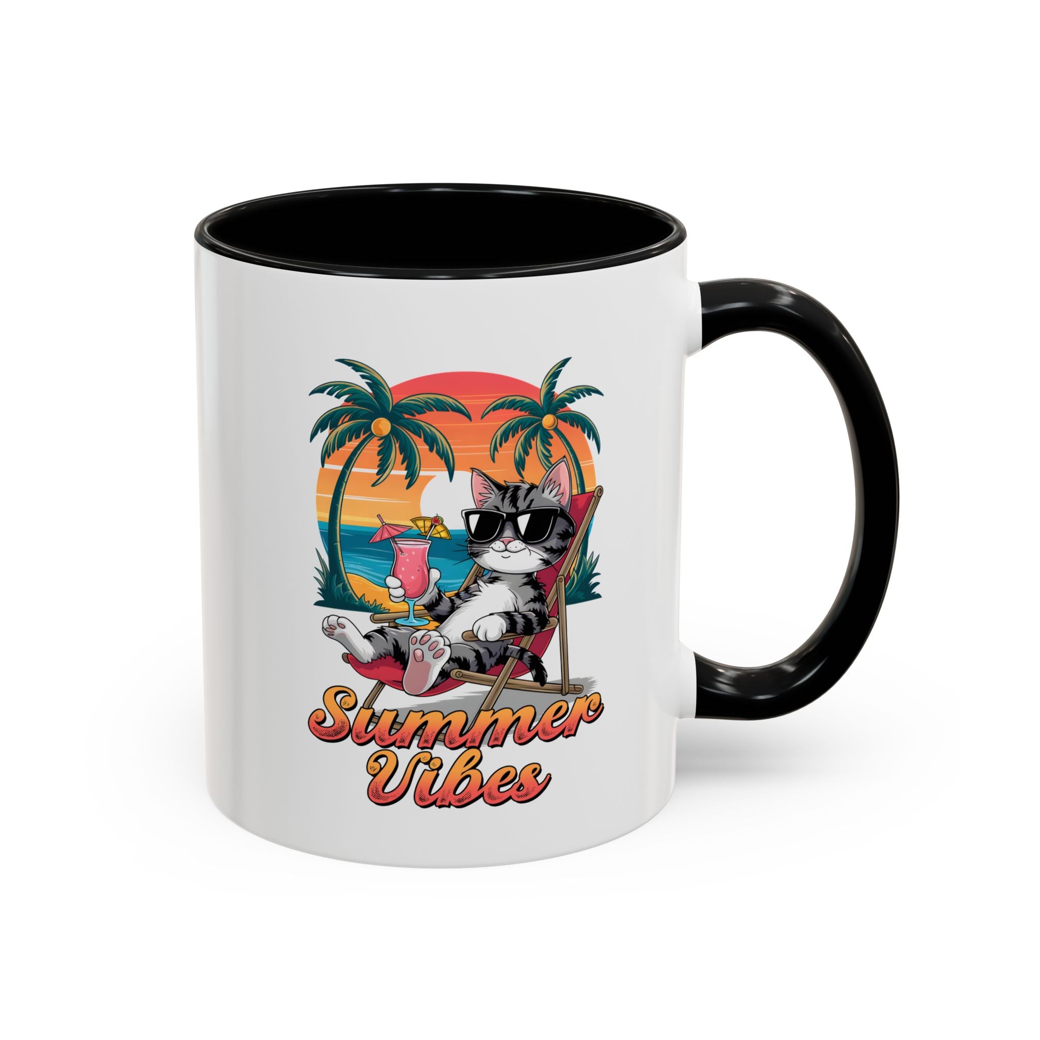 Summer Vibes Coffee Mug, Tropical Cat Mug, Beach Lover Gift, Fun Animal Sipware, Vacation-themed Drinkware, Pet Lover Cup