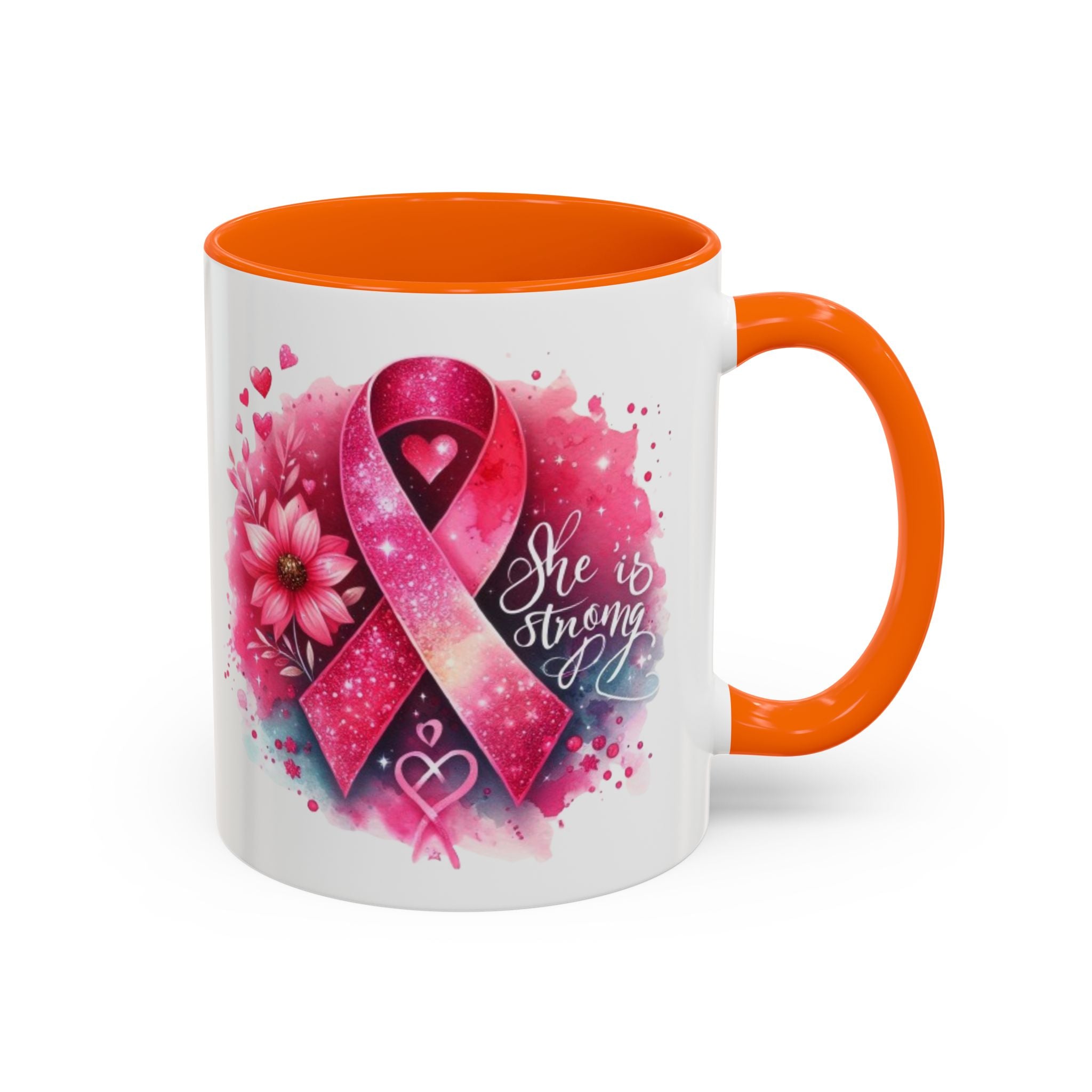 Breast Cancer Awareness Coffee Mug - Inspirational Gift, Motivational Drinkware, Supportive Cup, Pink Ribbon Design, She Is Strong