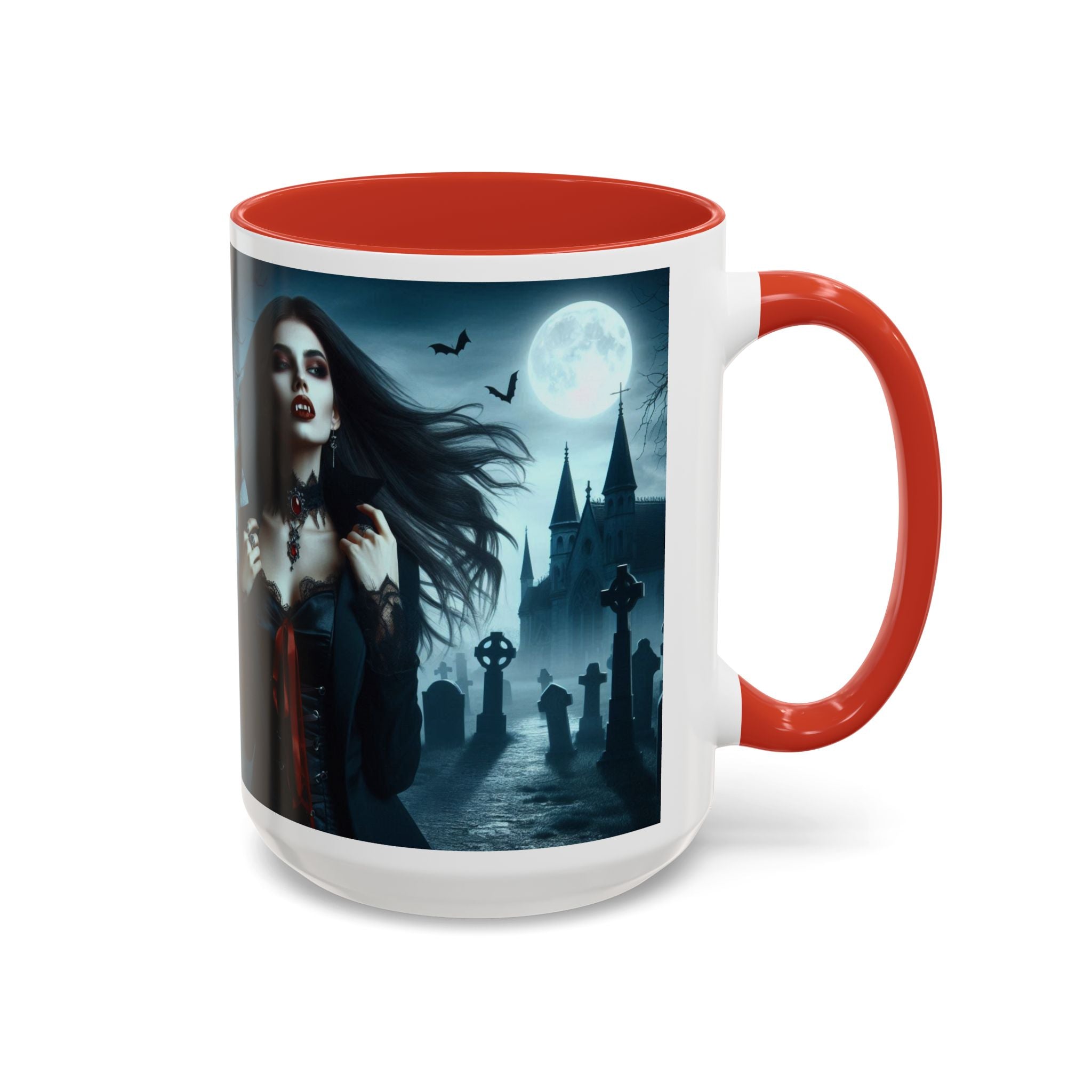 Gothic Vampire Coffee Mug - Spooky Halloween Drinkware in graveyard by castle