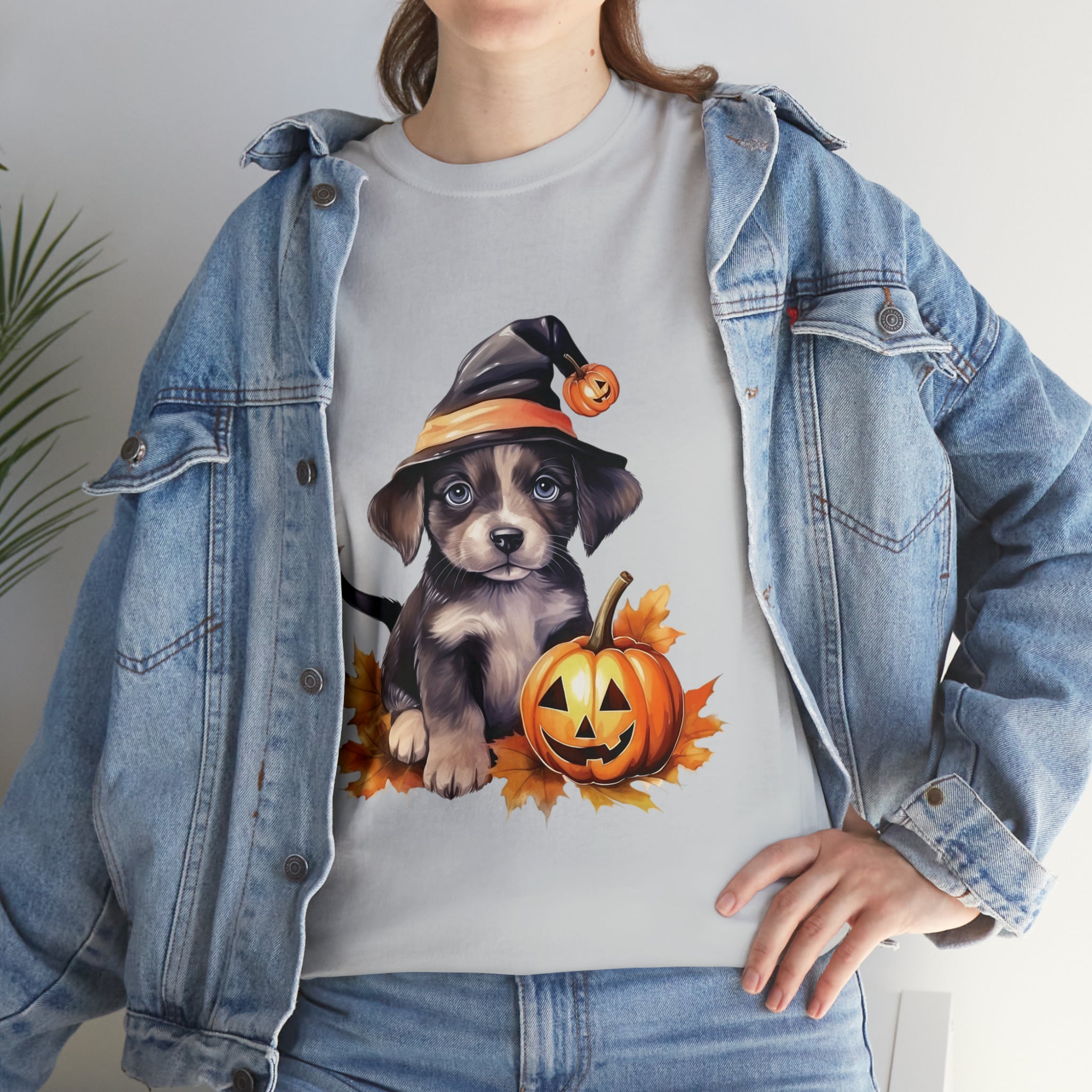 halloween t shirt puppy in witch hat cute gift for her stocking stuffer fall fun item for whole family Unisex Heavy Cotton Tee
