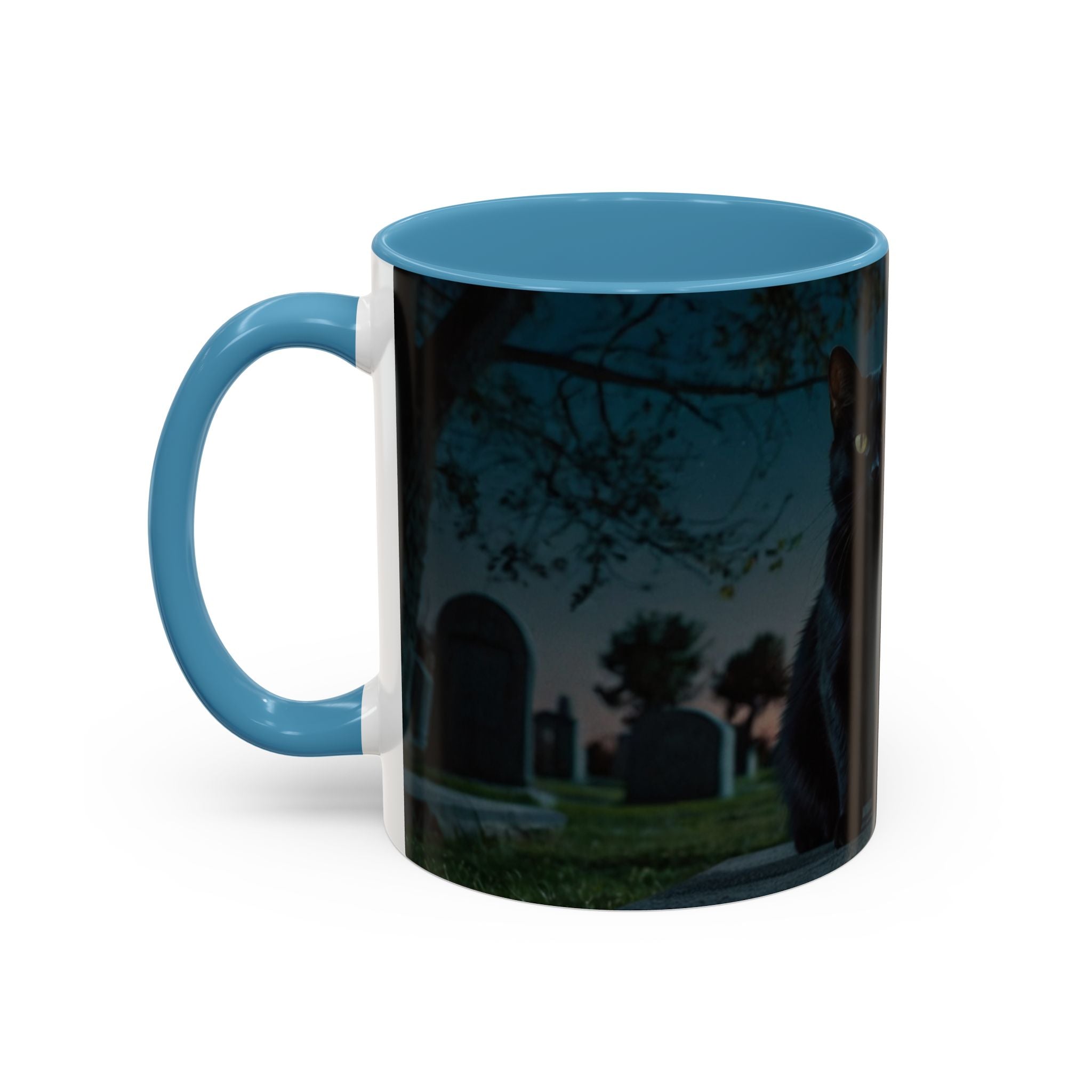 Spooky Black Cat Accent Coffee Mug in graveyard at night with full moon halloween