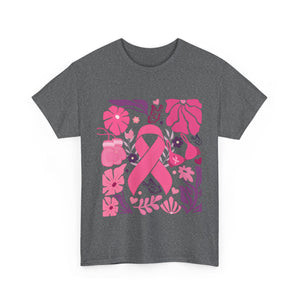 Pink Ribbon Awareness Tee, Flower Power Shirt, Support Breast Cancer, Unisex Cotton T-shirt, Thoughtful Gift for Her