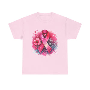 Breast Cancer Awareness Tee - She is Strong, Support Shirt, Gift for Fighters, Awareness Month Apparel, Inspirational T-Shirt