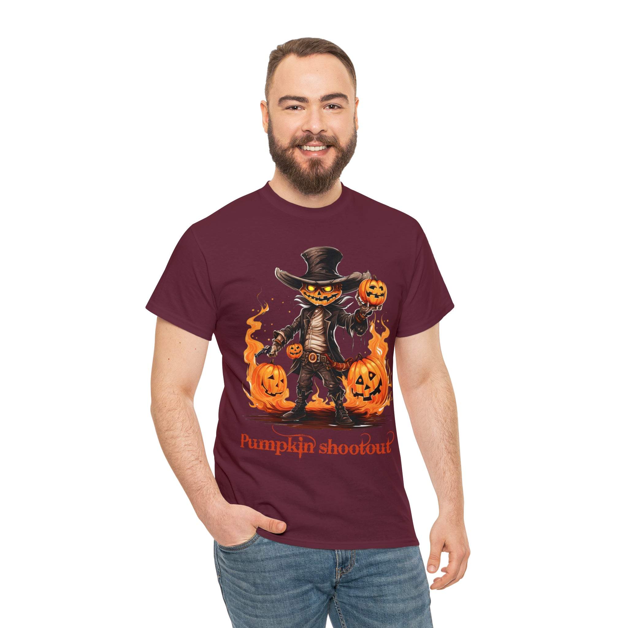Halloween t shirt pumpkin western style shootout funny fall fun scary stocking stuffer for whole family  cotton tee