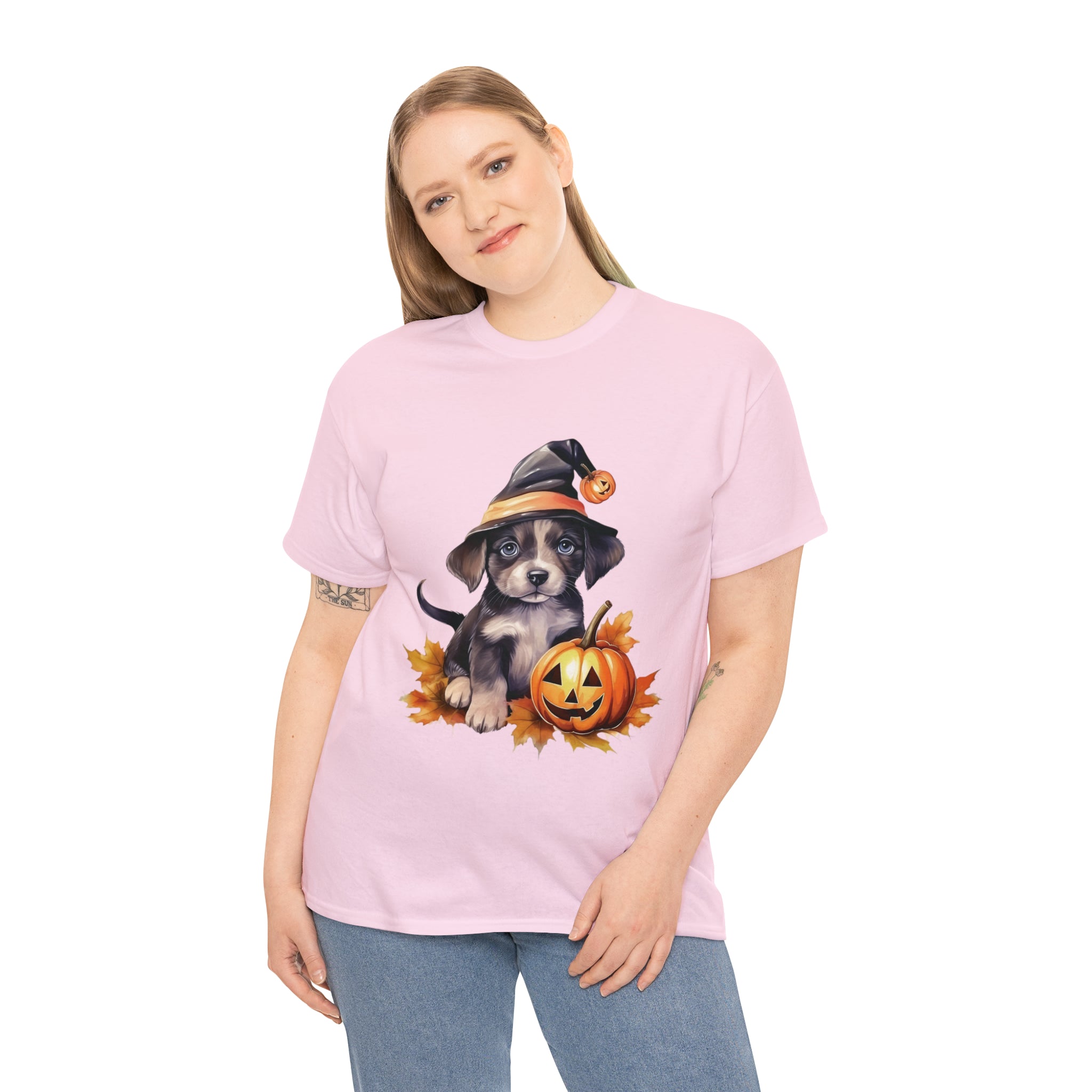 halloween t shirt puppy in witch hat cute gift for her stocking stuffer fall fun item for whole family Unisex Heavy Cotton Tee