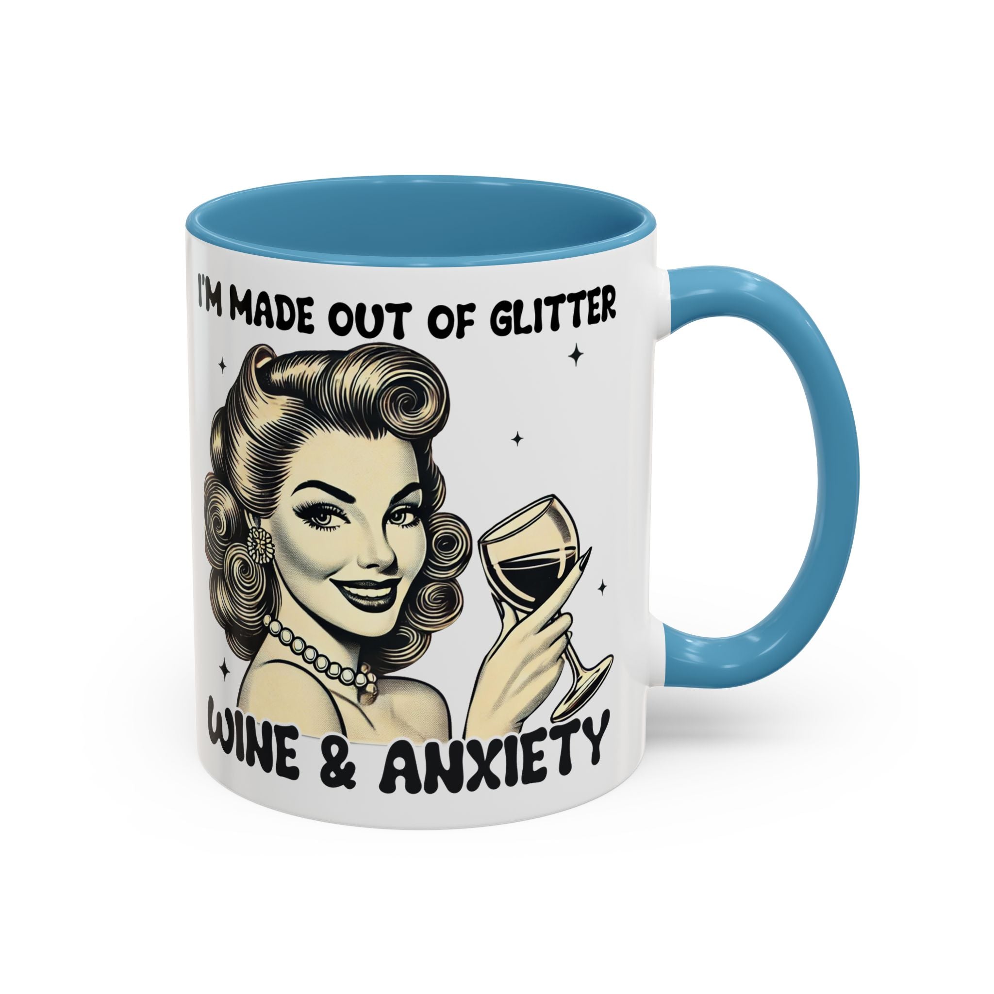 Wine & Anxiety Coffee Mug — "I'm Made Out of Glitter, Wine & Anxiety" Retro Accent Mug