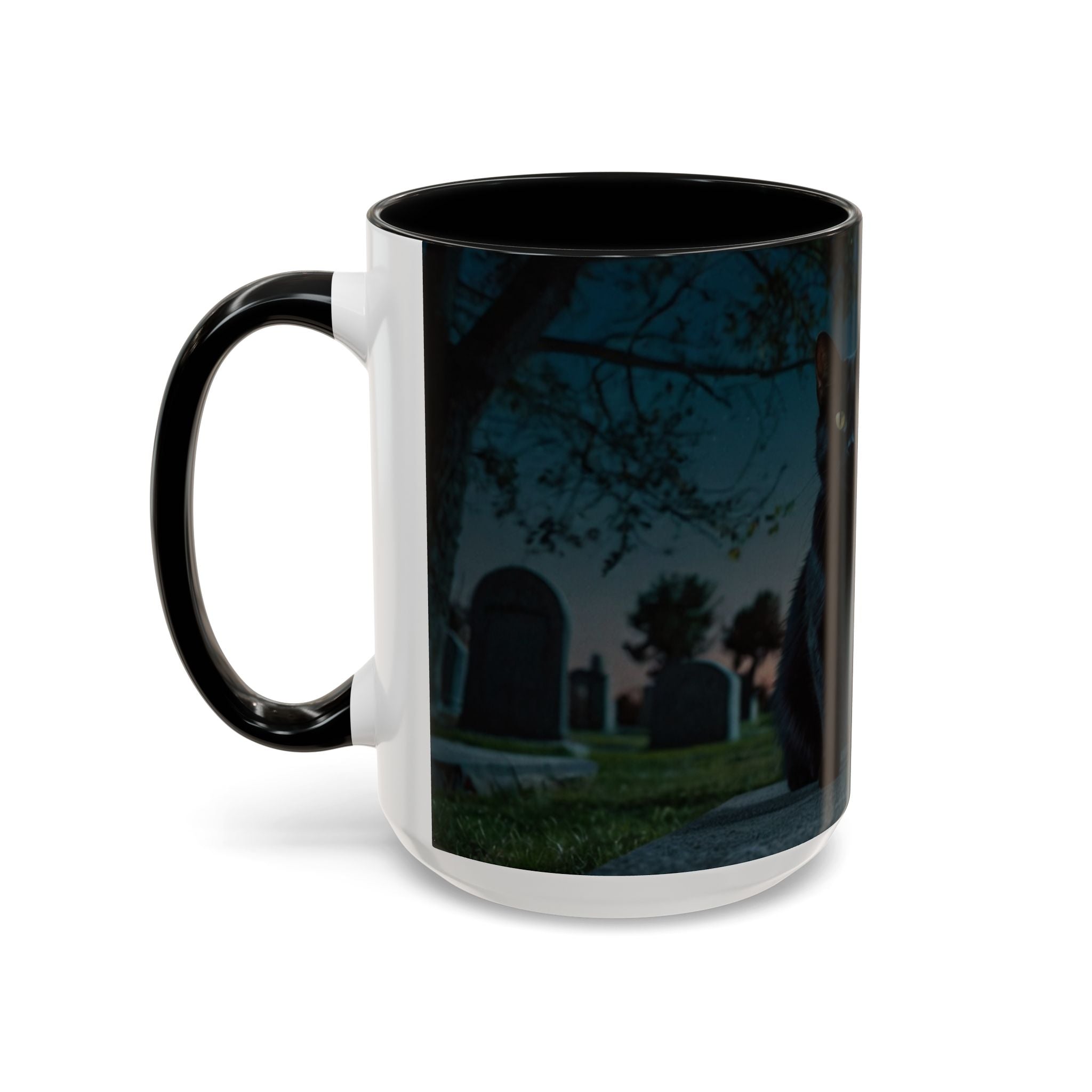 Spooky Black Cat Accent Coffee Mug in graveyard at night with full moon halloween