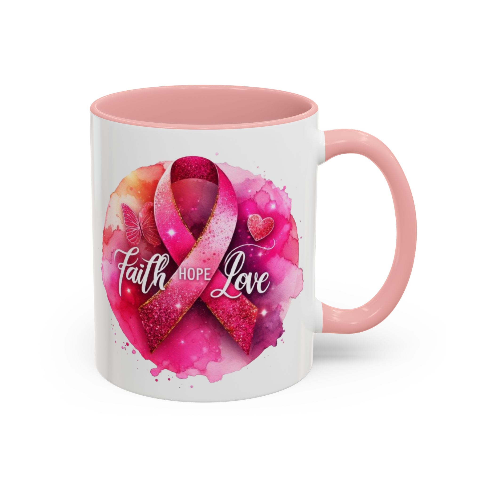 Inspirational Accent Coffee Mug with Pink Ribbon Design, Faith Hope Love Gift, Cancer Awareness Mug, Supportive Drinkware, Meaningful [...]