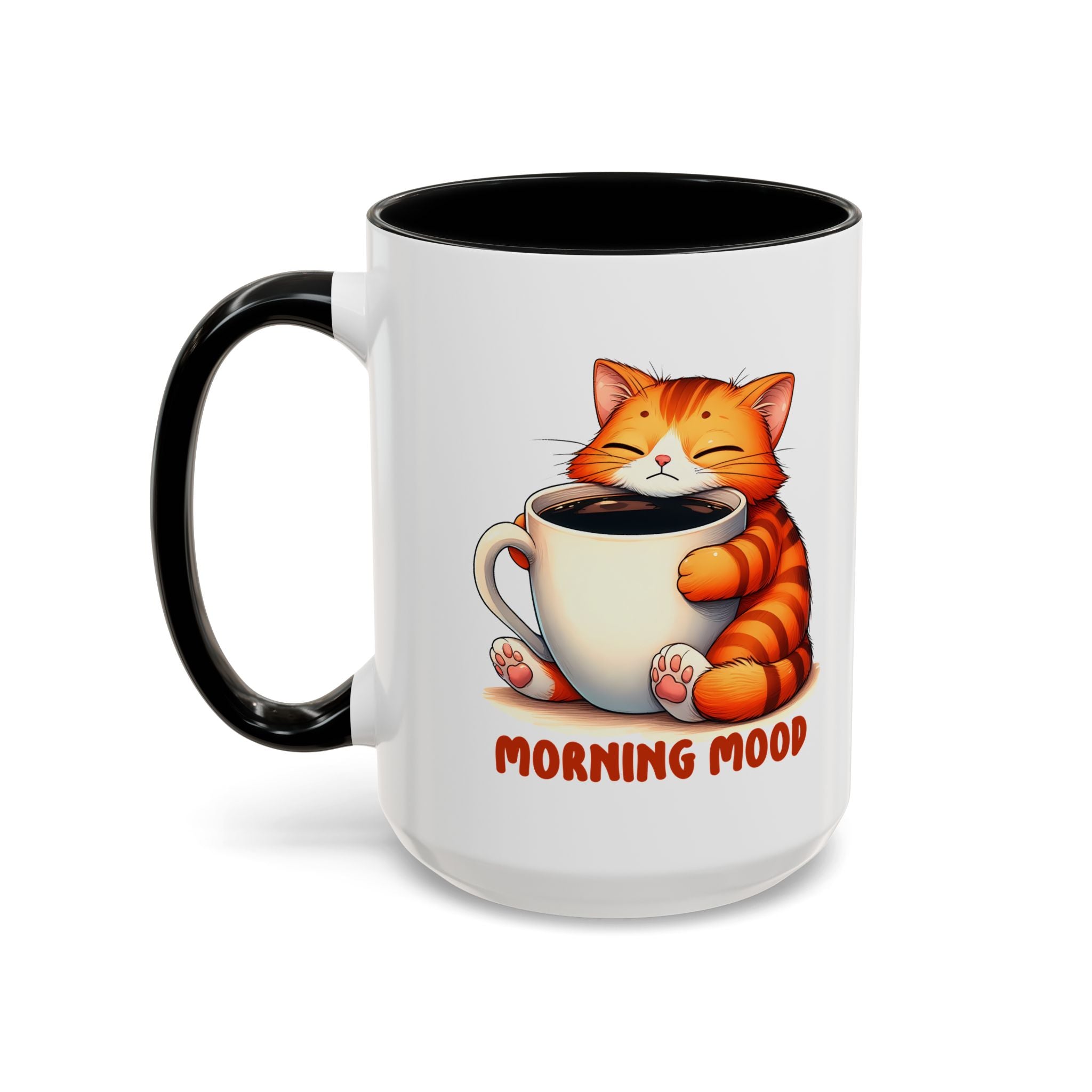 Morning Mood Cat Coffee Mug — Cute Orange Cat Holding Cup (11/15oz)