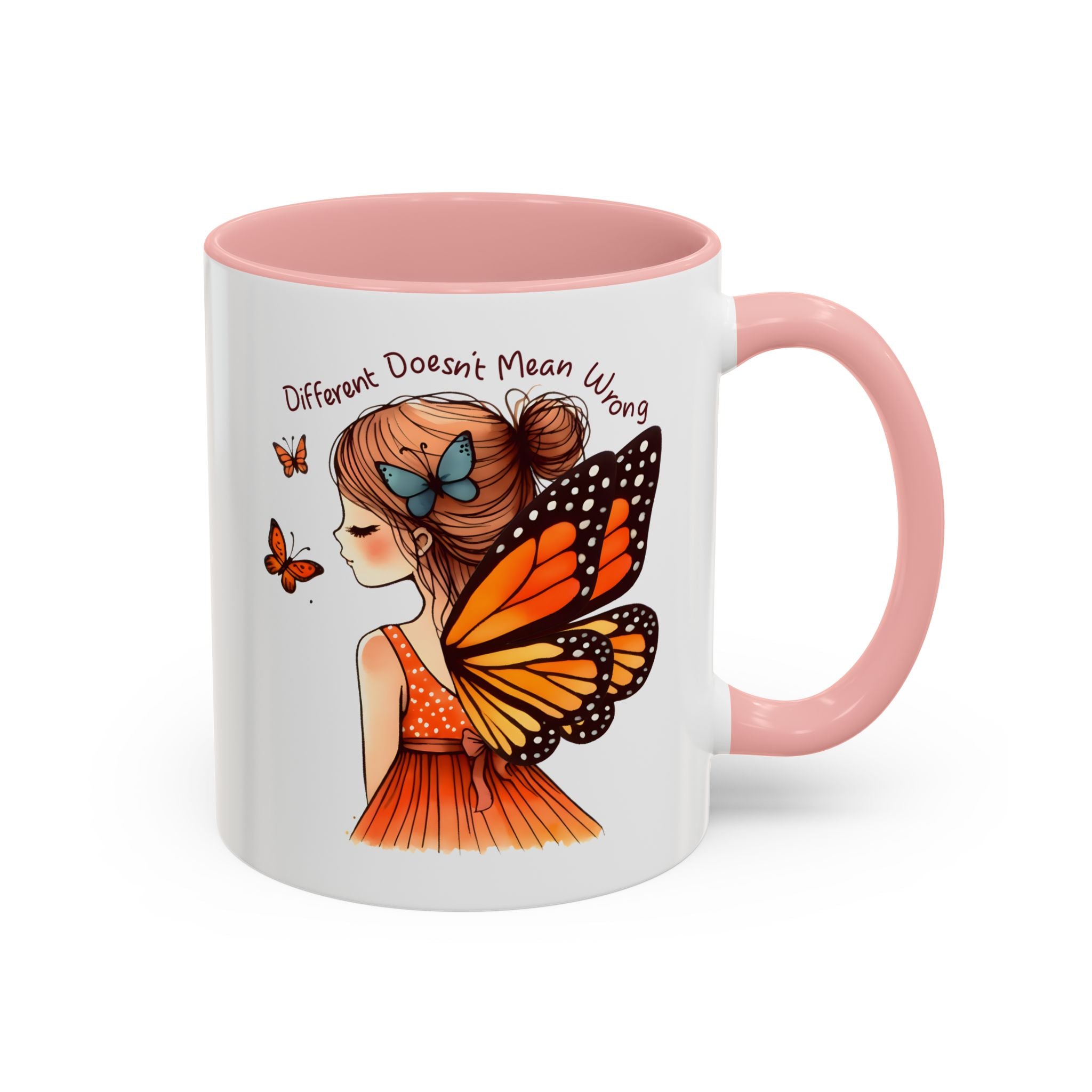 Butterfly Girl Accent Coffee Mug – "Different Doesn't Mean Wrong" Inspirational Tea Mug