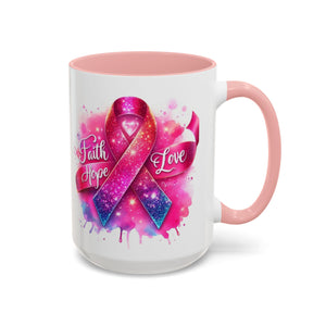 Inspirational Ribbon Coffee Mug - Faith, Hope, Love, Support, Gift for Cancer Awareness, Breast Cancer, Encouragement, Motivational