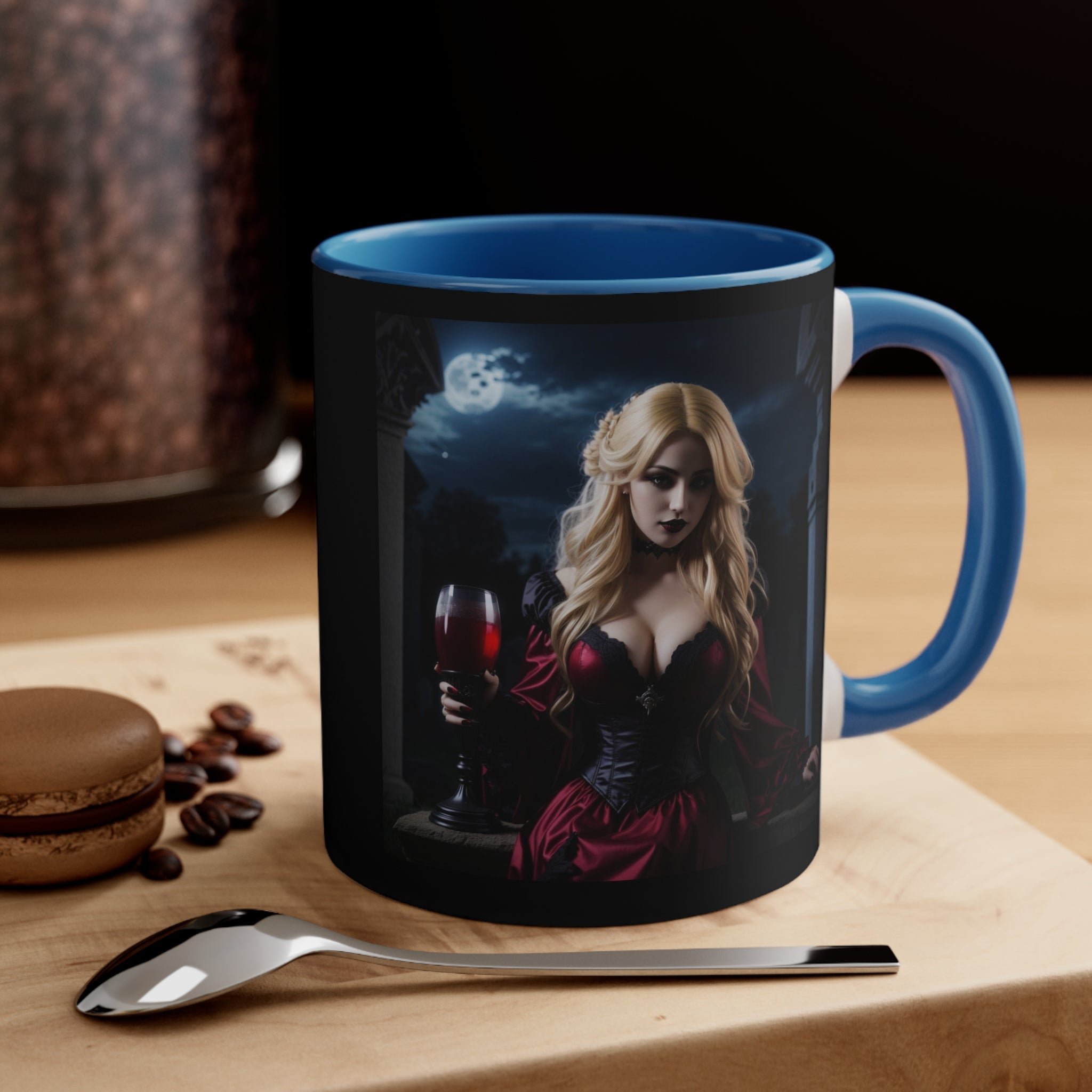 gothic blonde vampire drinking blood Accent Coffee Mug, 11oz