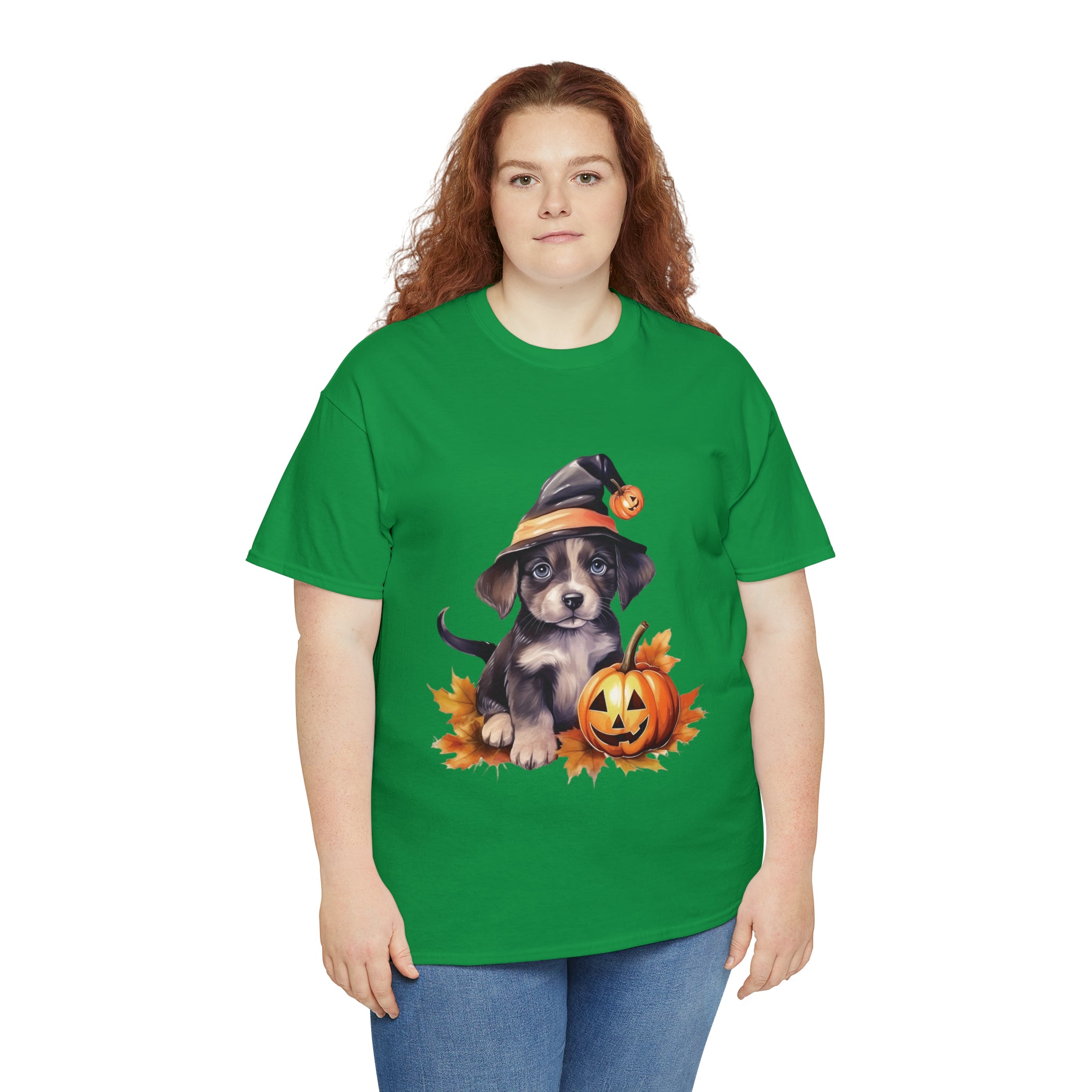 halloween t shirt puppy in witch hat cute gift for her stocking stuffer fall fun item for whole family Unisex Heavy Cotton Tee