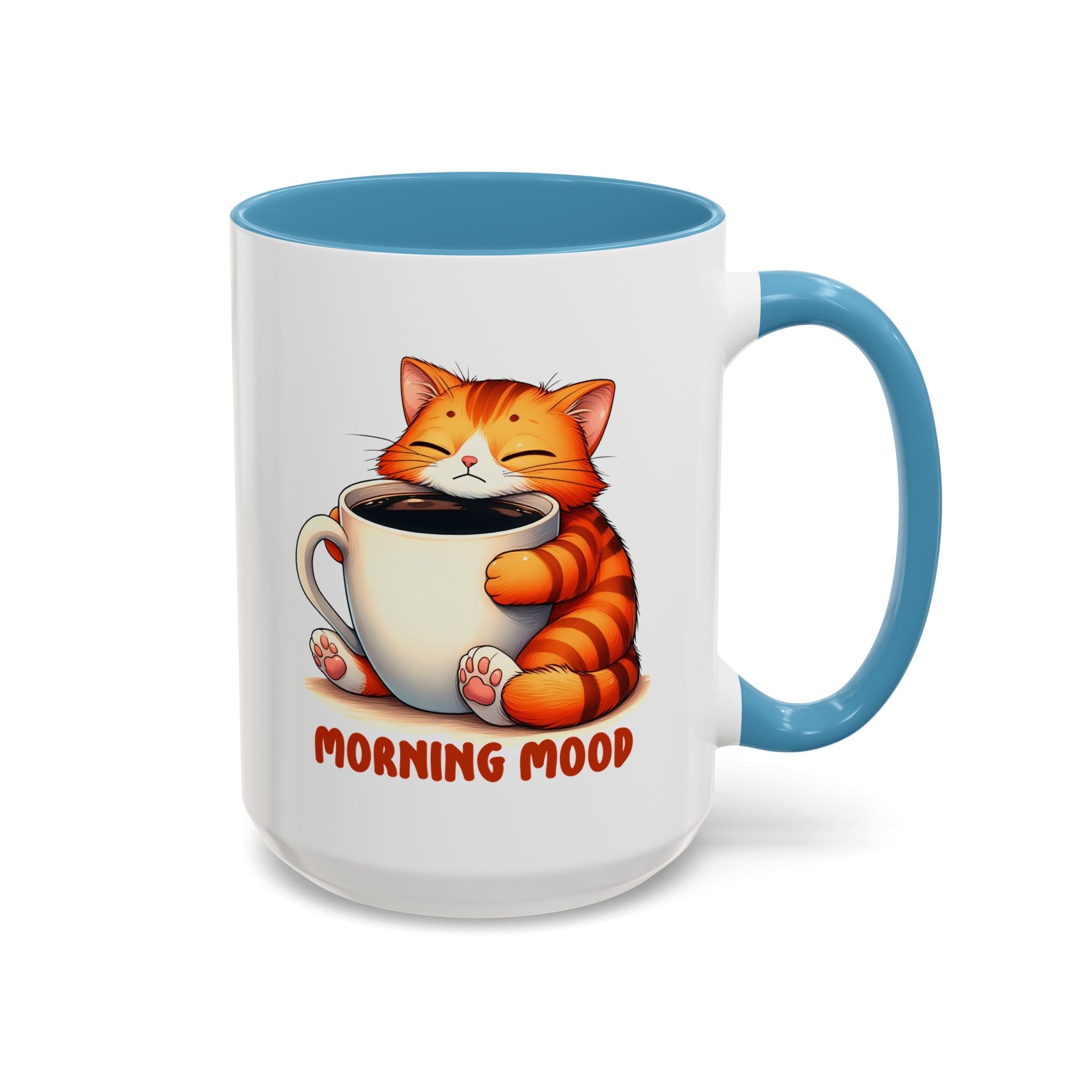 Morning Mood Cat Coffee Mug — Cute Orange Cat Holding Cup (11/15oz)