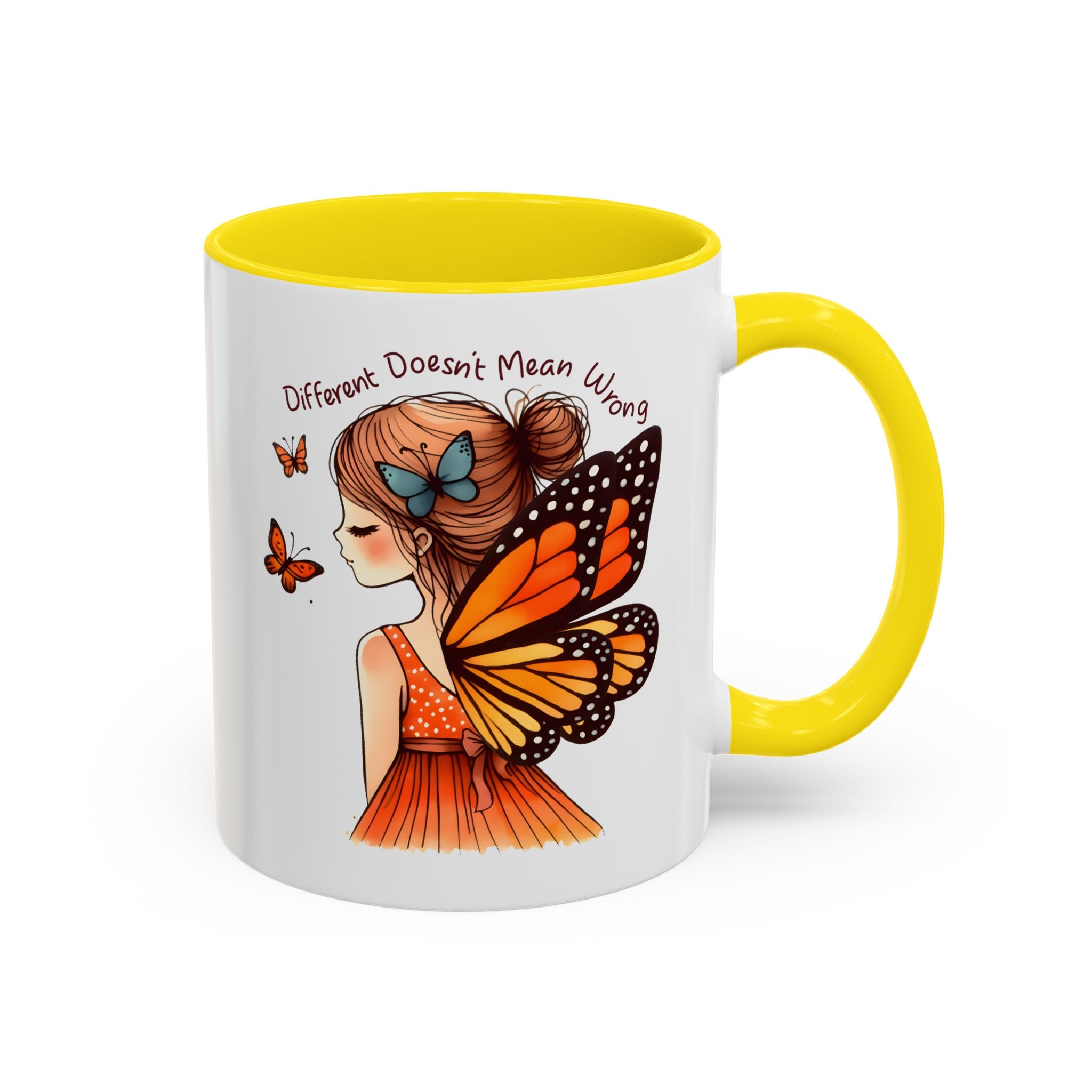 Butterfly Girl Accent Coffee Mug – "Different Doesn't Mean Wrong" Inspirational Tea Mug