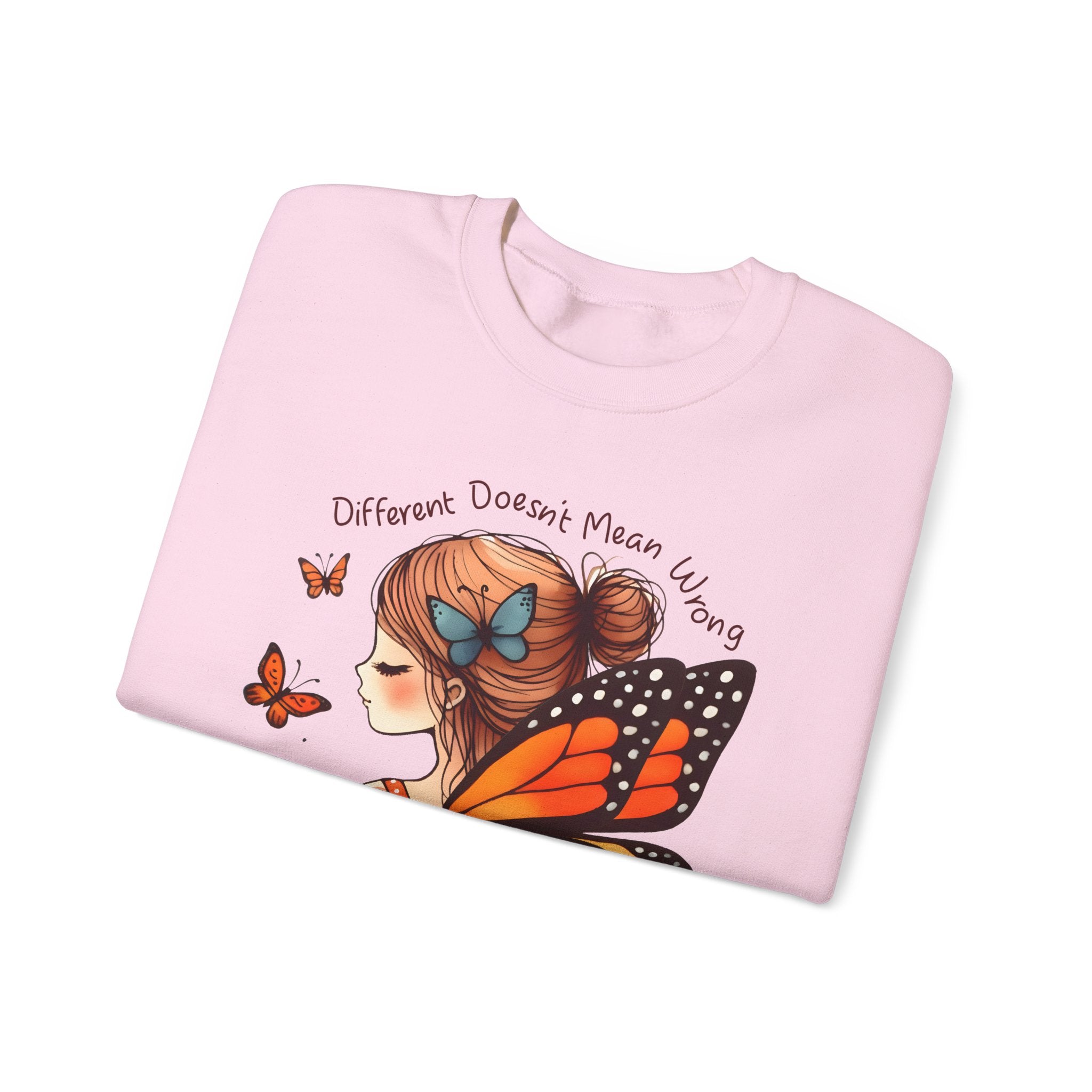 Butterfly Girl Crewneck Sweatshirt — "Different Doesn’t Mean Wrong" Graphic