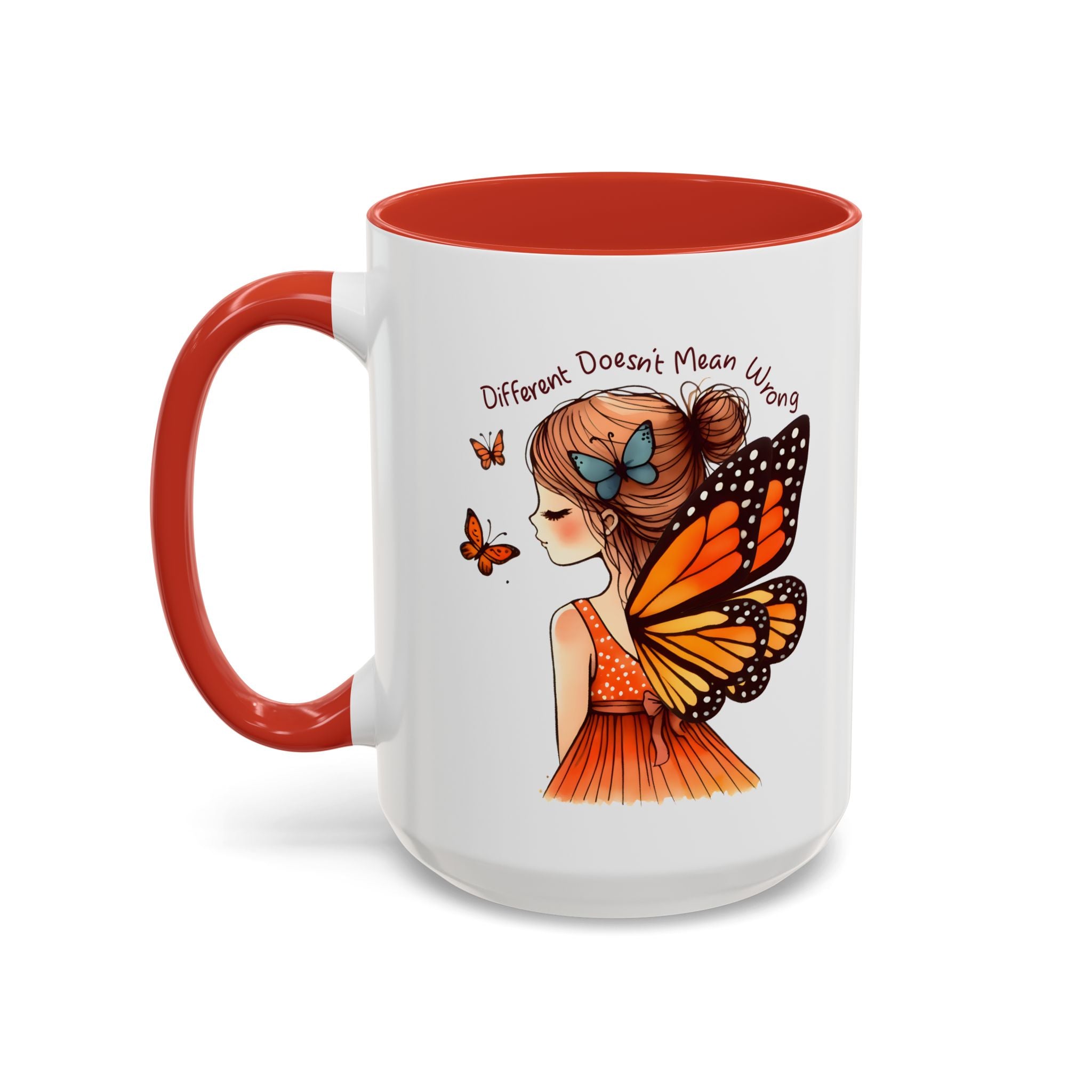 Butterfly Girl Accent Coffee Mug – "Different Doesn't Mean Wrong" Inspirational Tea Mug
