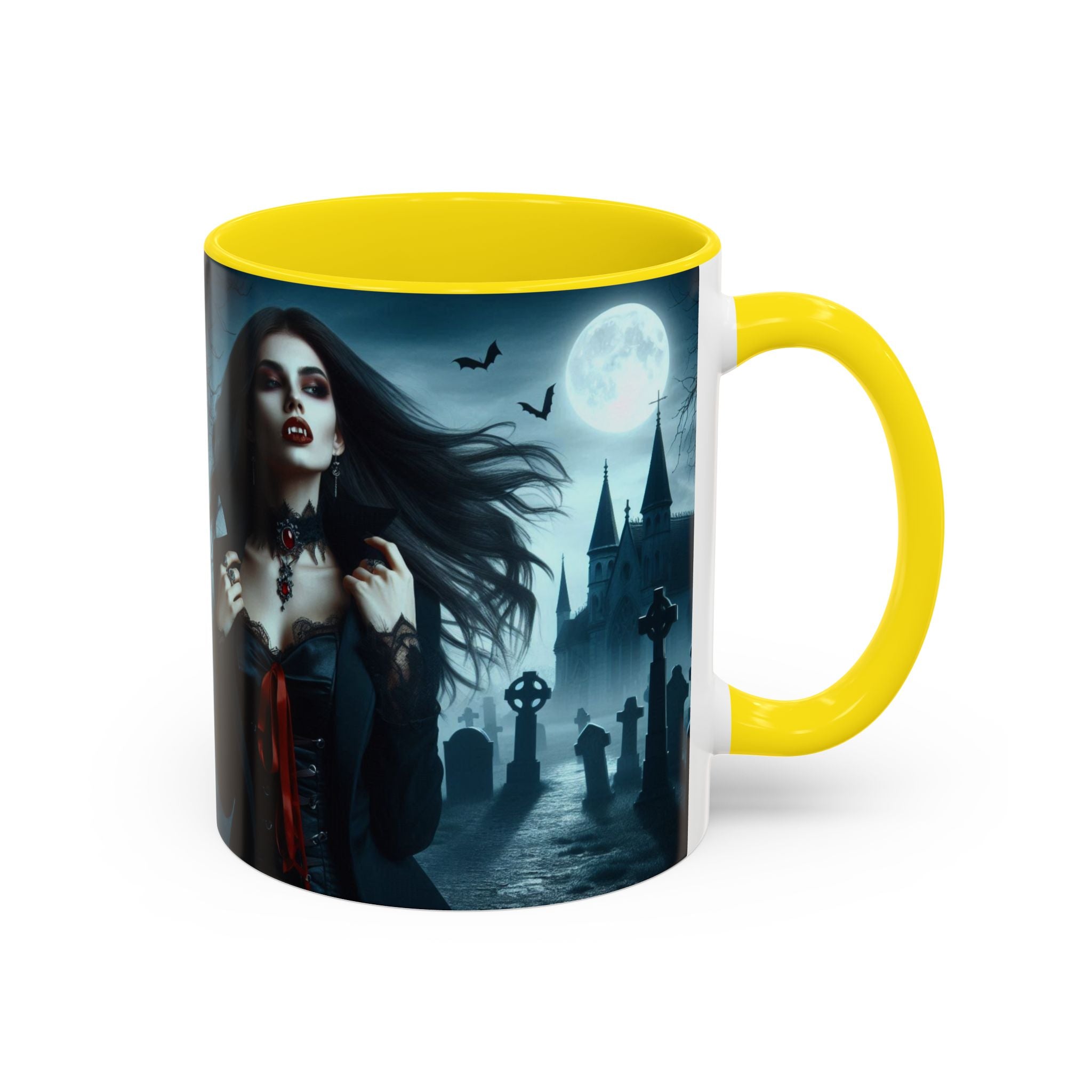 Gothic Vampire Coffee Mug - Spooky Halloween Drinkware in graveyard by castle