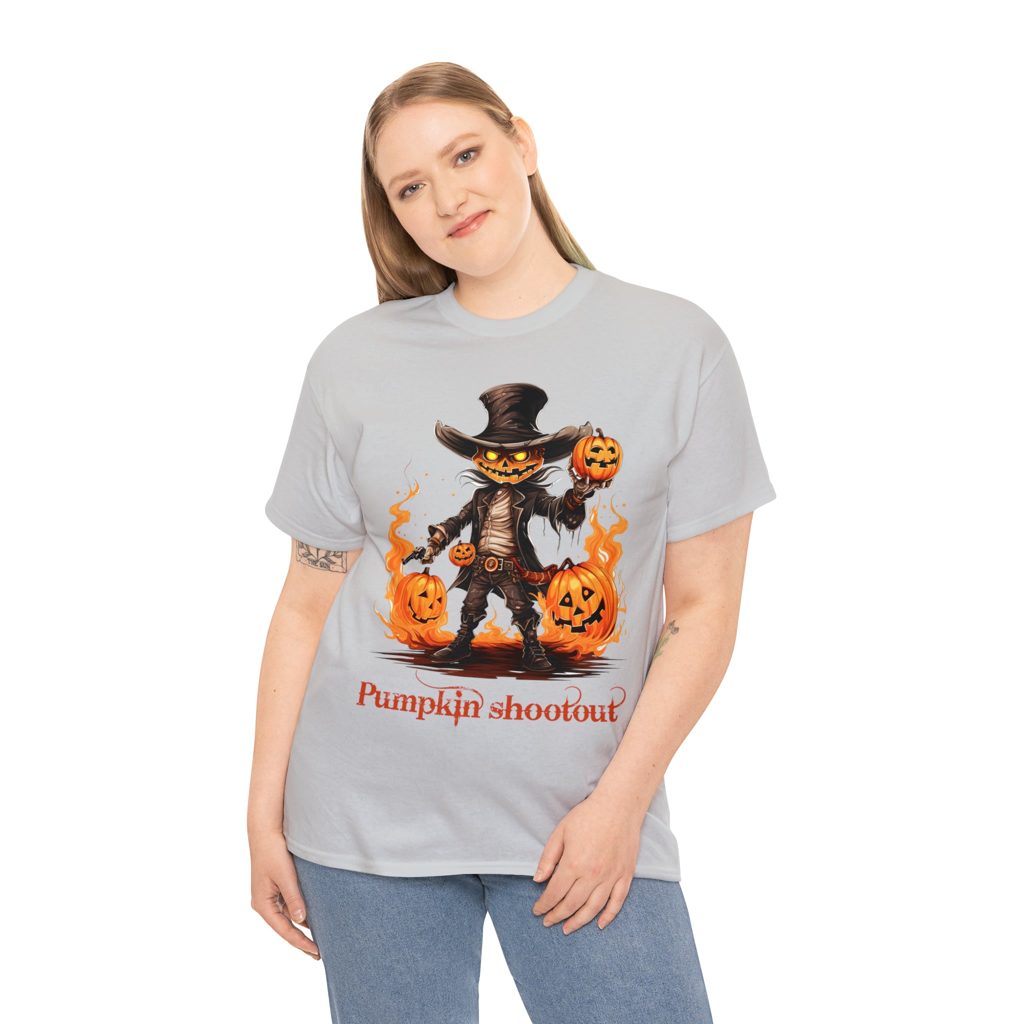 Halloween t shirt pumpkin western style shootout funny fall fun scary stocking stuffer for whole family  cotton tee