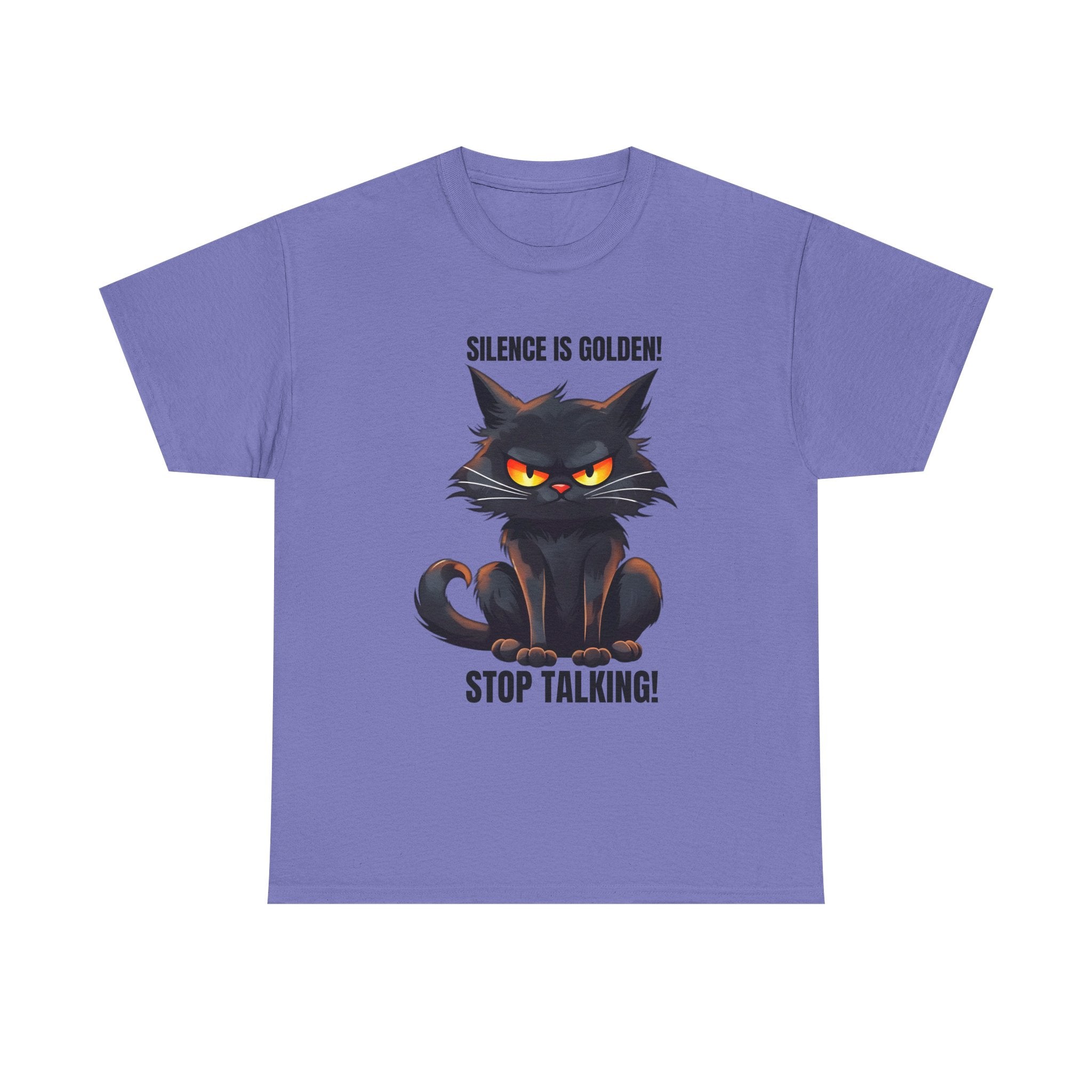sarcasm Funny Cat Tee - "Silence is Golden! Stop Talking!" - Cute Cat Graphic T-Shirt, Gift for Cat Lovers,  Humor Shirt, Pet Owner Apparel