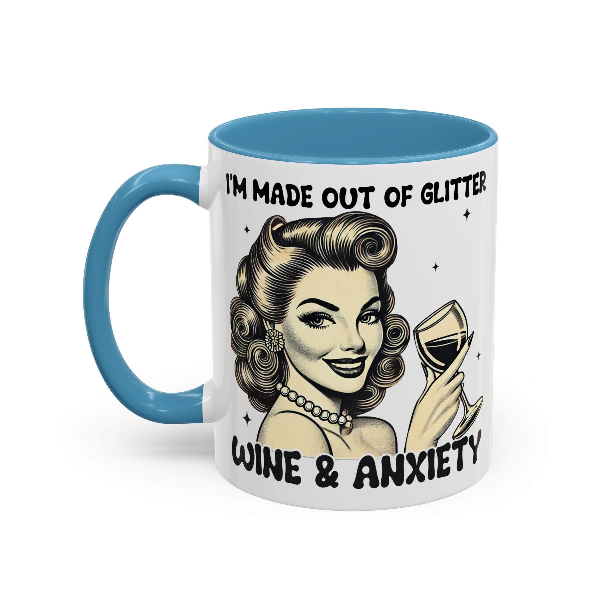 Wine & Anxiety Coffee Mug — "I'm Made Out of Glitter, Wine & Anxiety" Retro Accent Mug