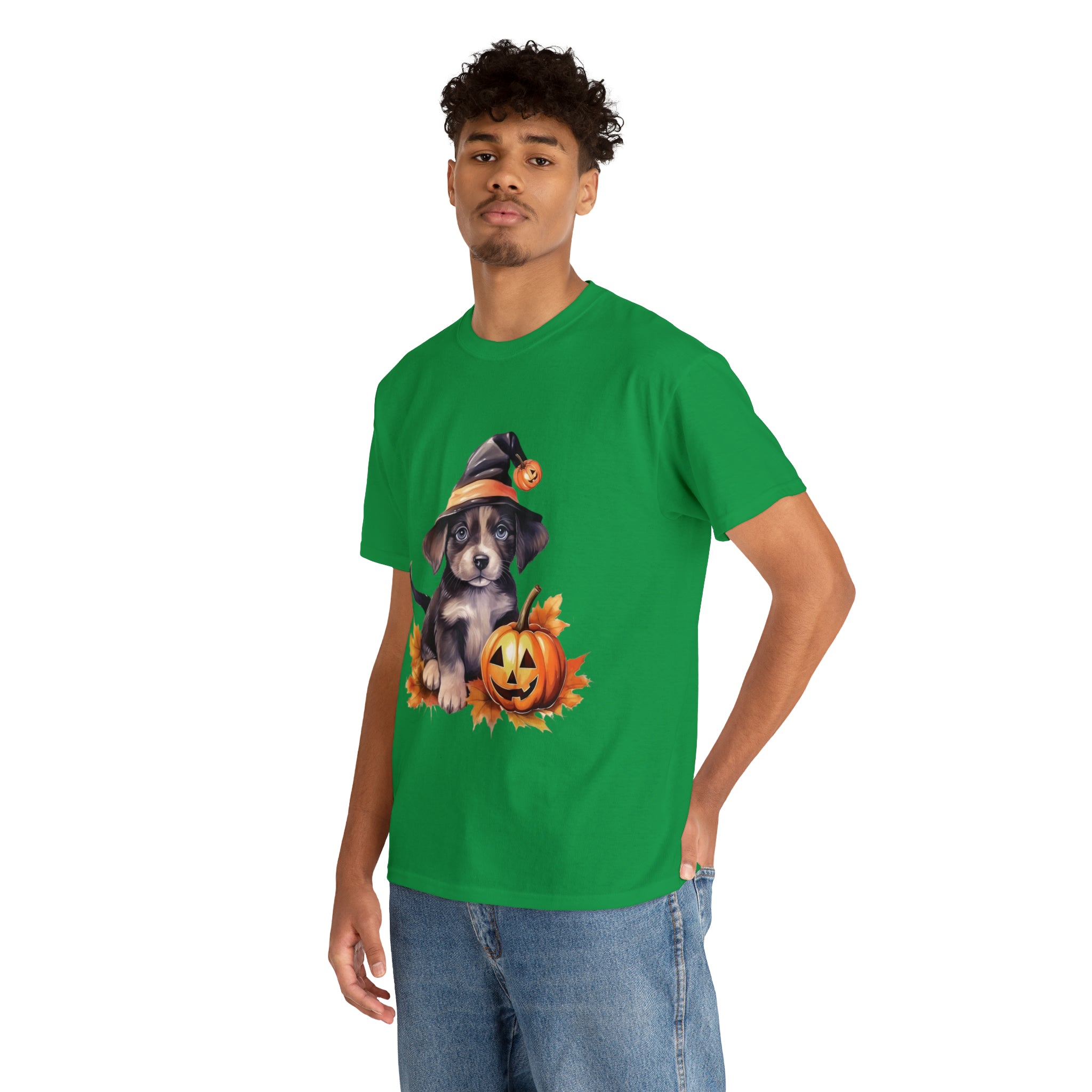 halloween t shirt puppy in witch hat cute gift for her stocking stuffer fall fun item for whole family Unisex Heavy Cotton Tee