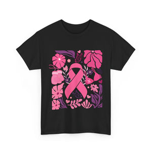 Pink Ribbon Awareness Tee, Flower Power Shirt, Support Breast Cancer, Unisex Cotton T-shirt, Thoughtful Gift for Her
