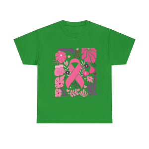 Pink Ribbon Awareness Tee, Flower Power Shirt, Support Breast Cancer, Unisex Cotton T-shirt, Thoughtful Gift for Her