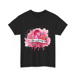 Unisex Heavy Cotton Tee - "She is Strong" Breast Cancer Awareness Shirt, Inspirational Tee, Gift for Her, Supportive Apparel, [...]