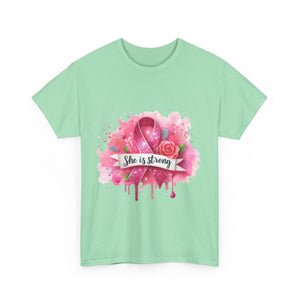 Unisex Heavy Cotton Tee - "She is Strong" Breast Cancer Awareness Shirt, Inspirational Tee, Gift for Her, Supportive Apparel, [...]