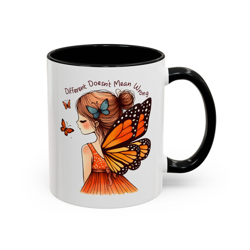 Butterfly Girl Accent Coffee Mug – "Different Doesn't Mean Wrong" Inspirational Tea Mug