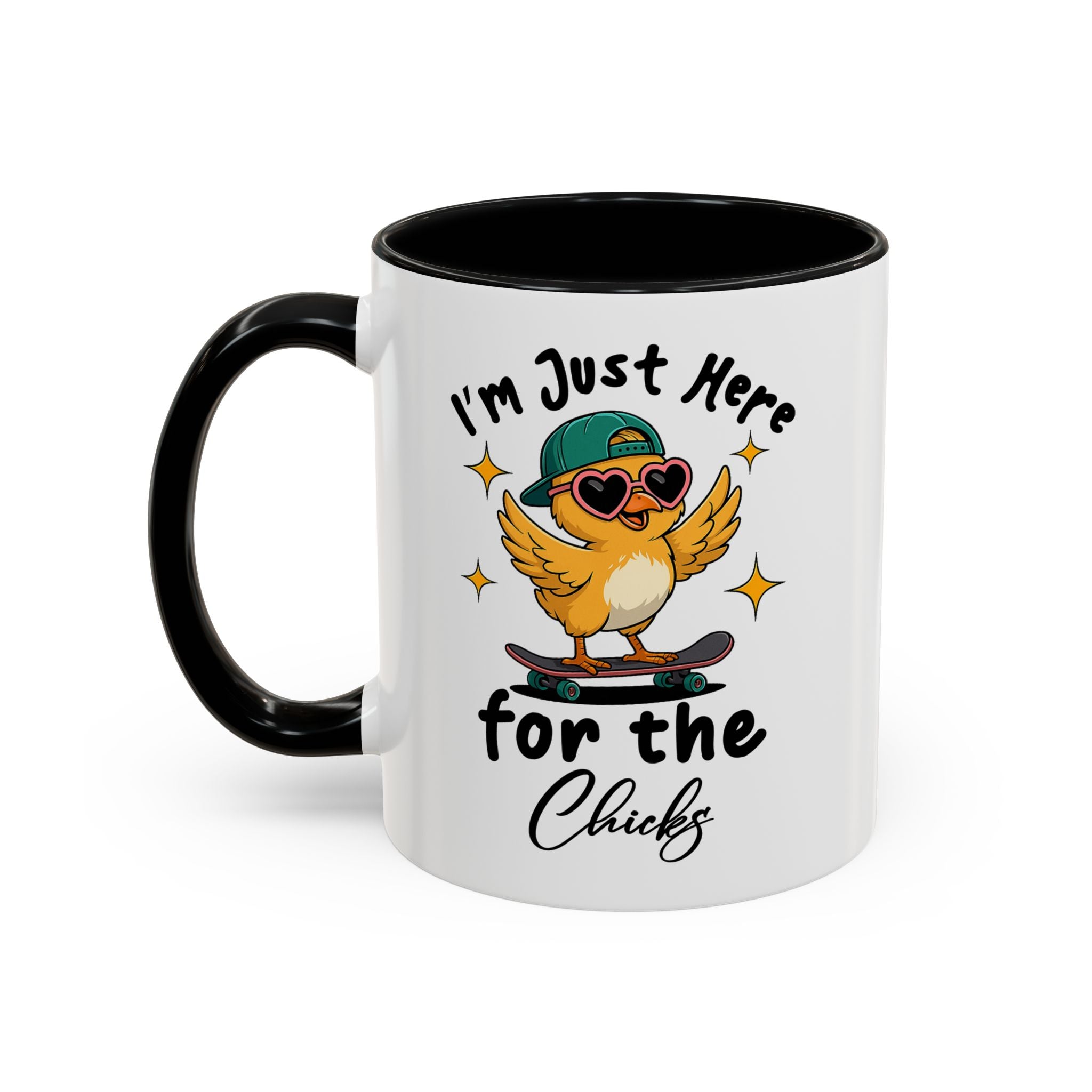 I'm Just Here for the Chicks Coffee Mug — Cute Skateboarding Chick Accent Mug