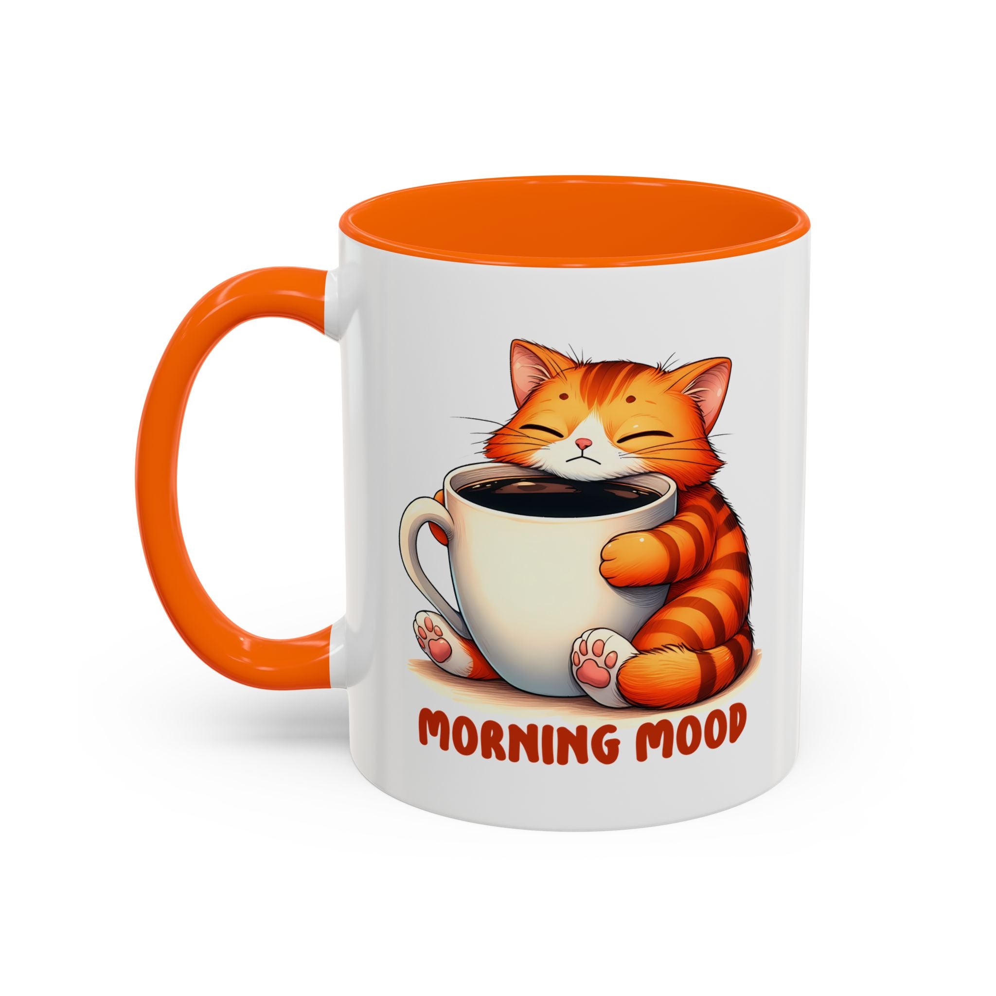 Morning Mood Cat Coffee Mug — Cute Orange Cat Holding Cup (11/15oz)