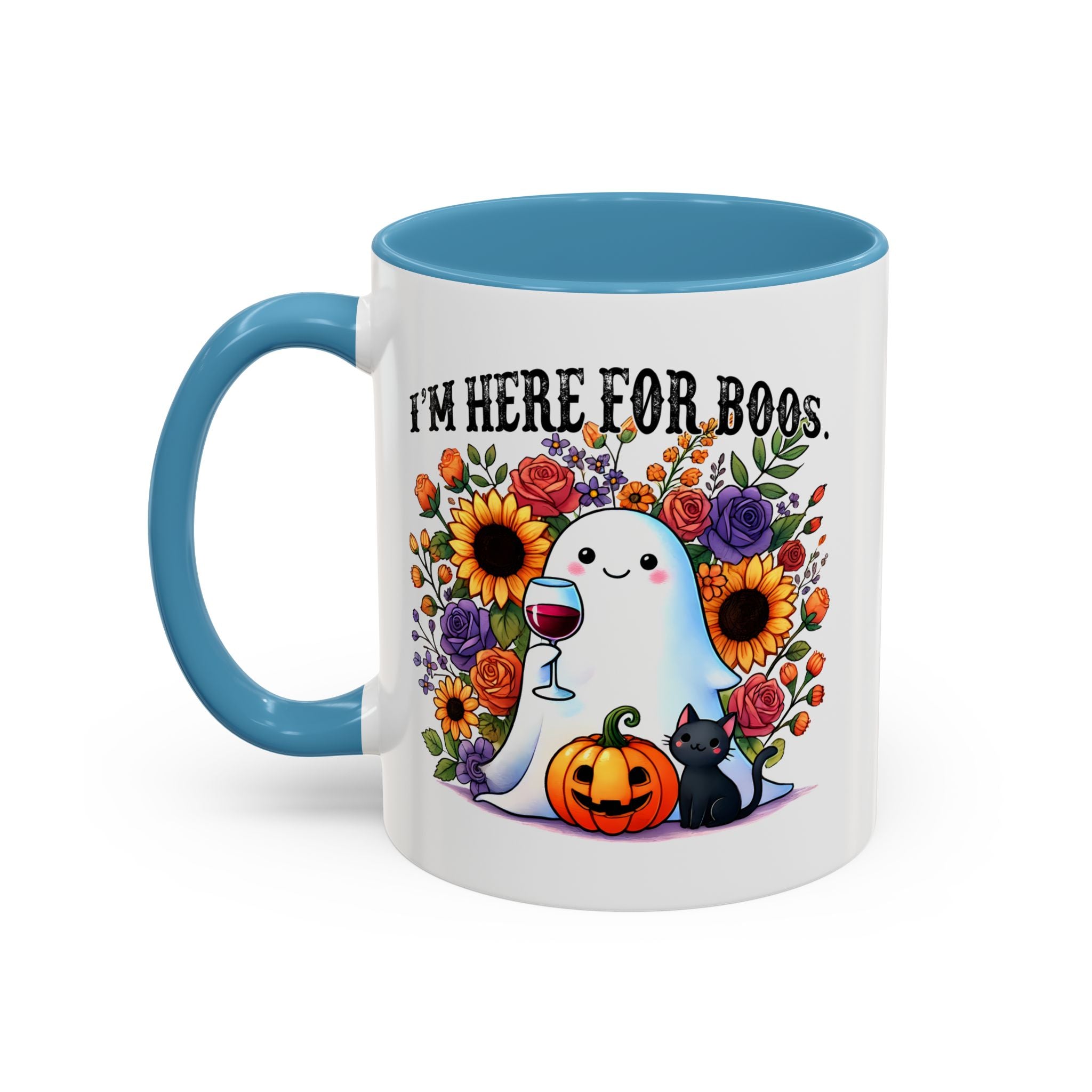 Spooky Floral Coffee Mug - I'm Here for Boos, Halloween Gift, Autumn Decor, Cute Ghost Mug, Cat Lover Drinkware